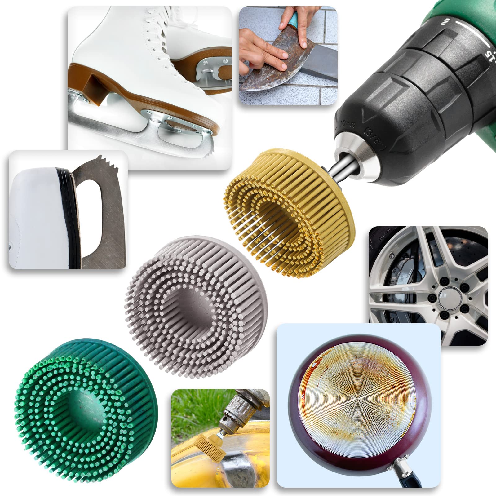 12 piezas de grano de disco de cerdas de 2 pulgadas, disco de cerdas abrasivas 120# 80# 50# con accesorio de vástago de 1/4 pulgadas, disco de eliminación de revestimiento de junta blanco, verde y
