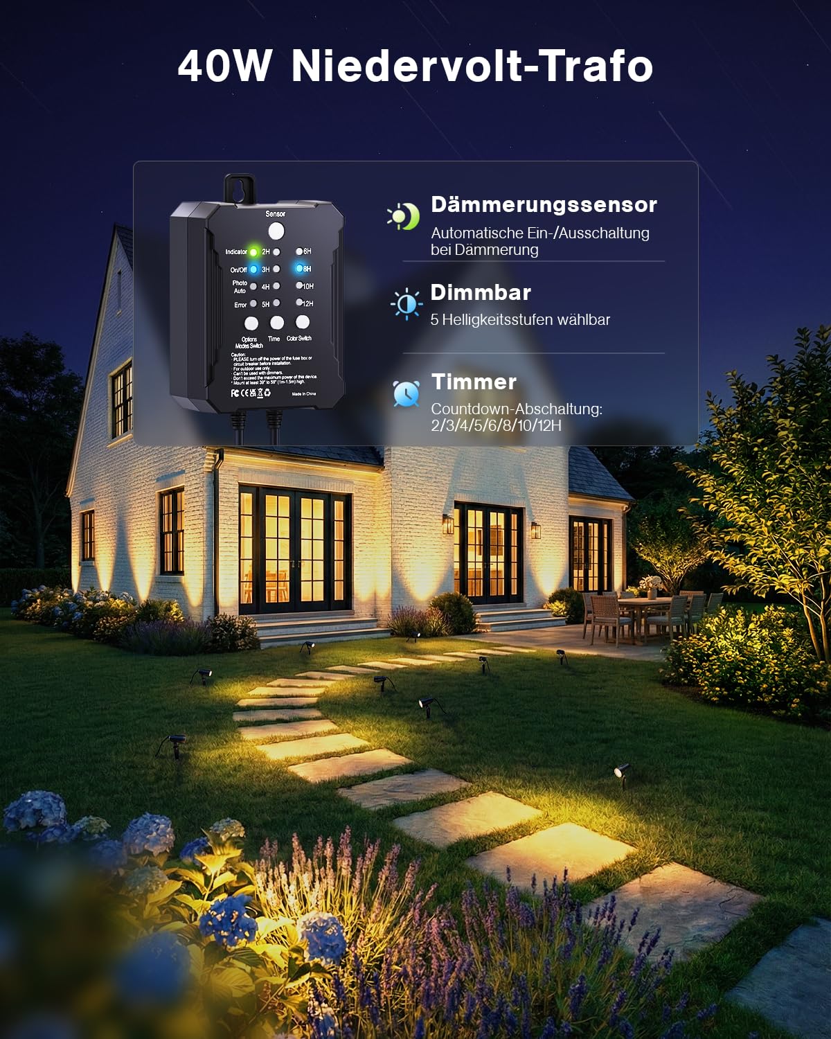 HIBOITEC 5W Dimmbar Gartenbeleuchtung 4er Set, Dämmerungssensor & Timer, 250LM 2700K Warmweiß Gartenstrahler mit 40W Transformator, IP65 Wasserdicht Gartenlampen für Draußen, Bäume