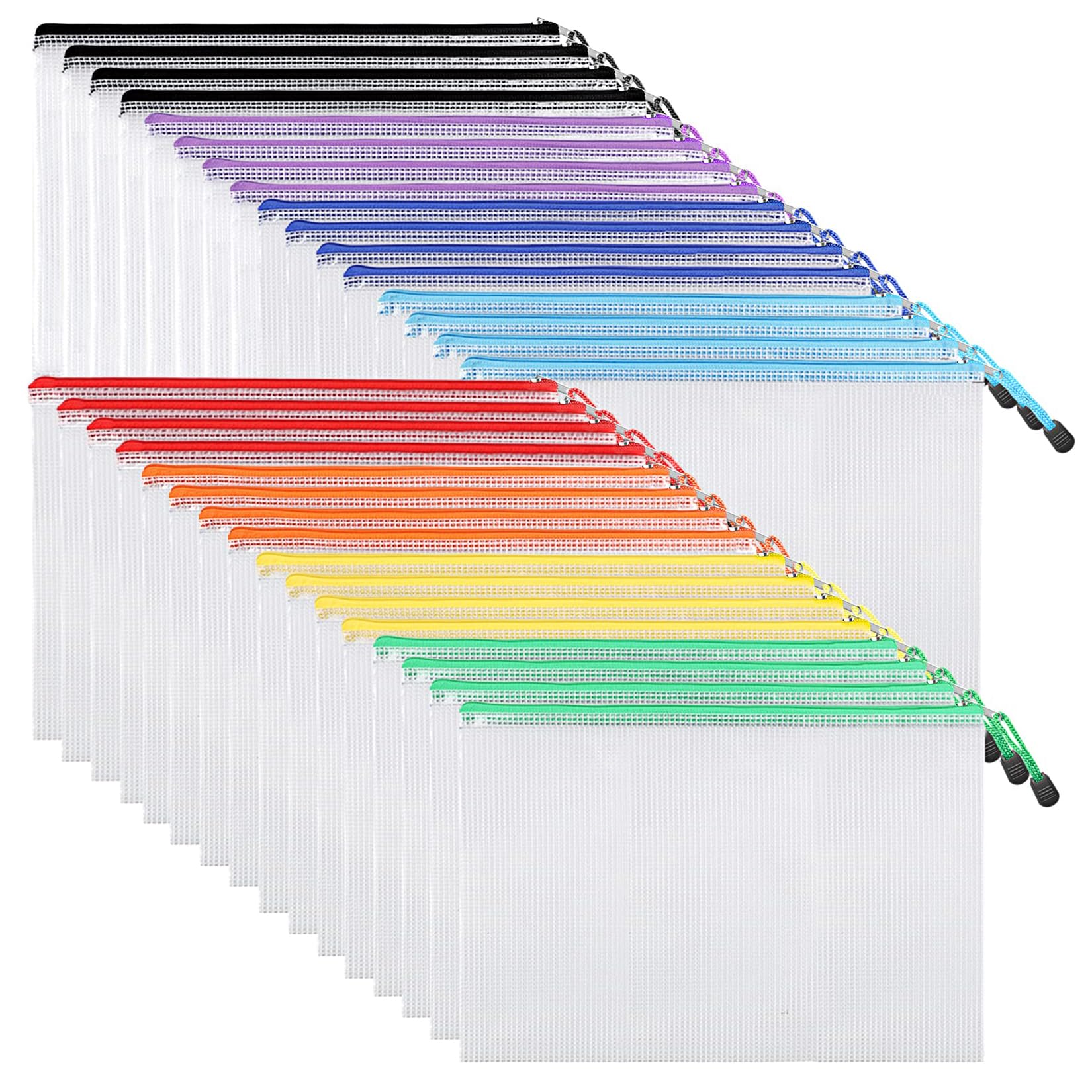 Naplion File Folder Zipper Mesh Bags, Letter A4 Size, Office Supply Organizer Plastic Pouch Document Bag for Organization Storage Pocket Office Product Multicolor Pack of 32