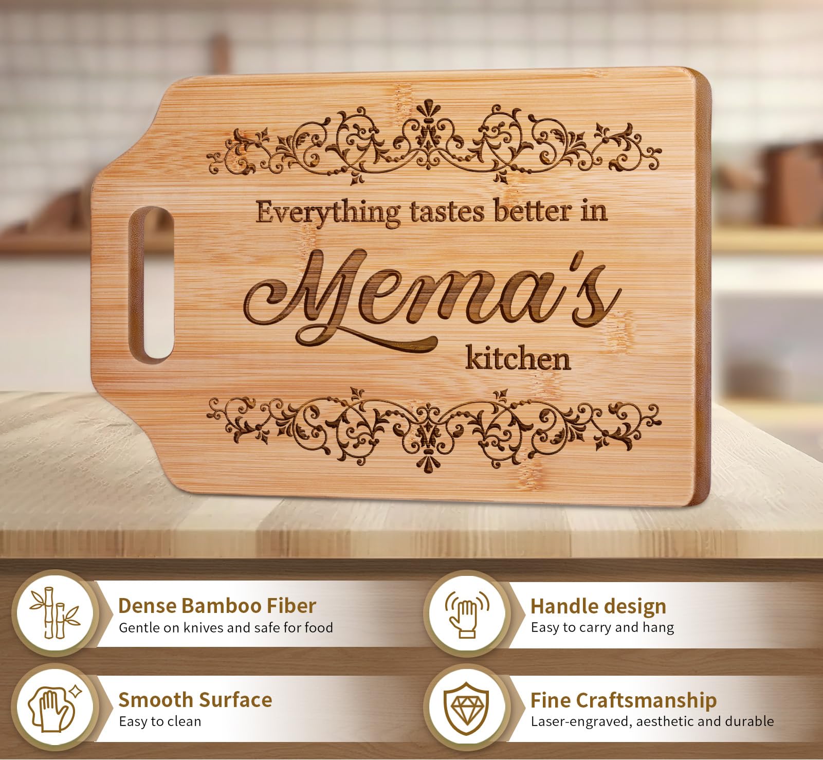 AceThrills Mema Gifts for Mema's Birthday Gifts - Engraved Bamboo Cutting Board 12.3"L × 8.7"W × 0.4"Th