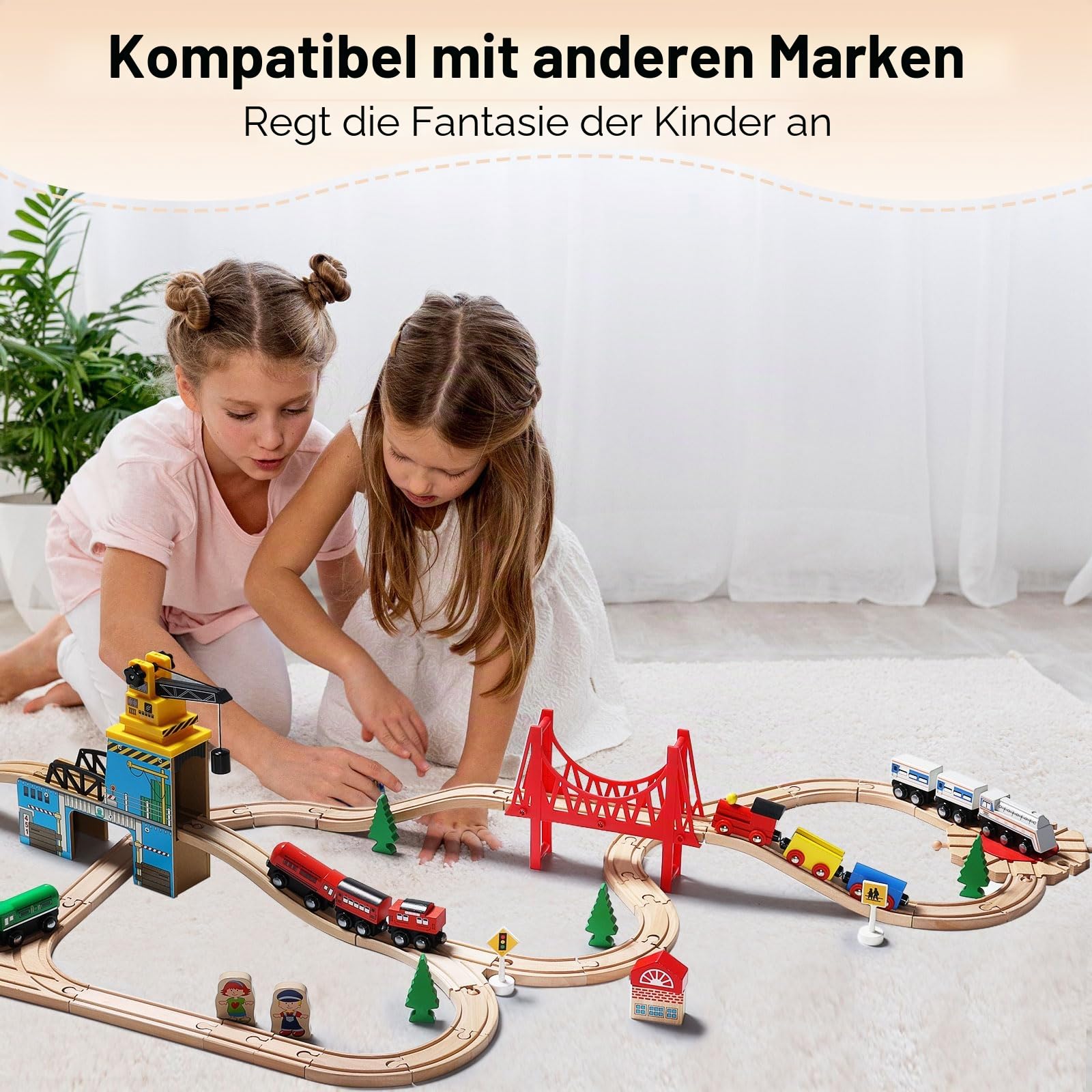 SainSmart Jr. Holzeisenbahn Set 37 Teile, Eisenbahn Starterset für Kinder ab 3 Jahren, kompatibel mit Thomas, Brio & Eichhorn, Holz Zug Set mit Brücke & Zubehör