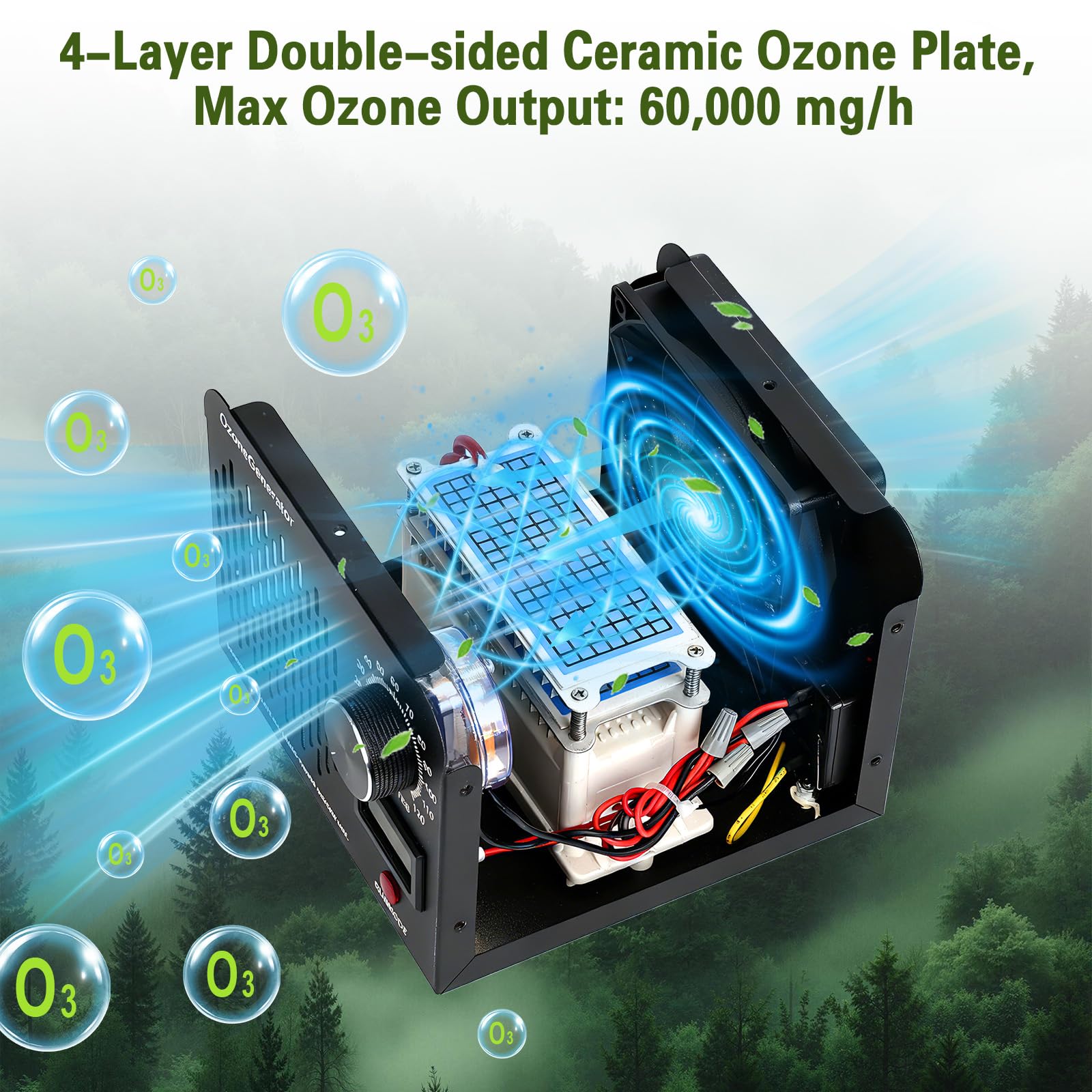 Generatore di Ozono, Ozonizzatore per Ambienti 60000mg/h, Purificatore d'Aria Deodorante per 300㎡, Timer 120 Min, Macchina Ozono Alta Capacità O3, Ozonizzatore per Casa Ambienti, Auto, Uffici