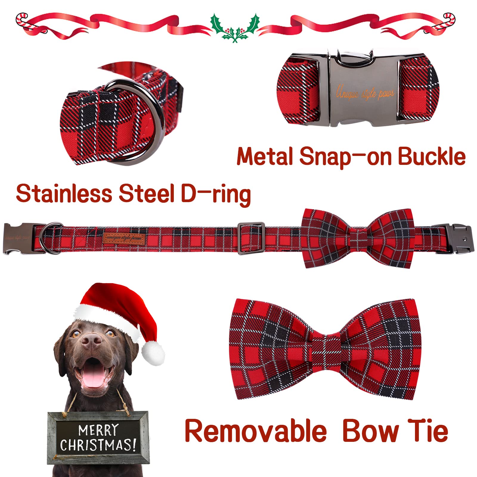 Unique style paws Christmas Dog Collar with Bow Tie Adjustable Red & Black Pet Collar for Small Medium Large Dogs-M - Image 2