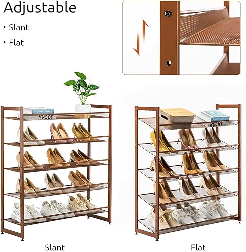 Miniatura 6 de Apicizon Zapatero de metal de 5 niveles para hasta 25 pares de organizador de zapatos con ángulo de inclinación a plano, estantes apilables de