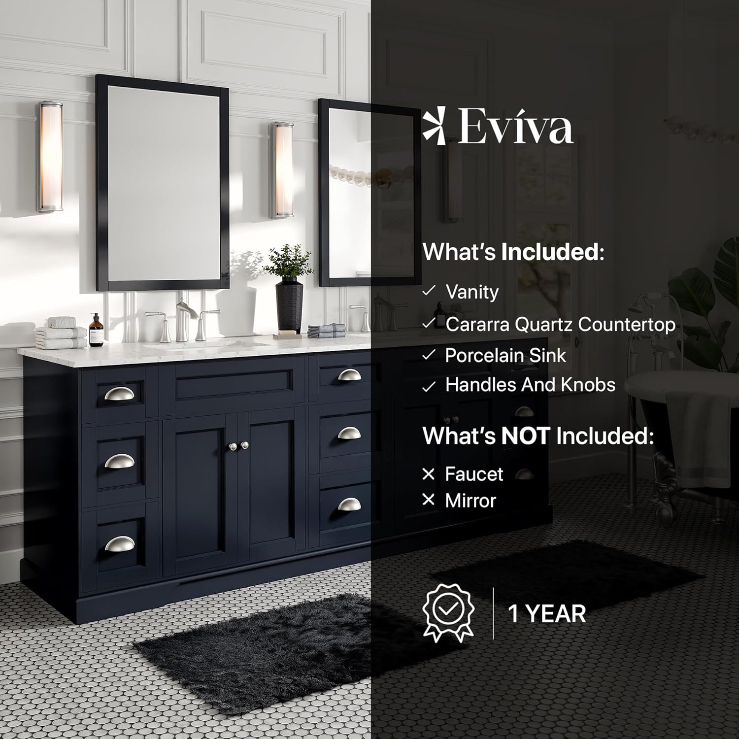 Eviva Epic 84 in. Double Sink Charcoal Gray Bath Vanity with White Carrara Quartz Top