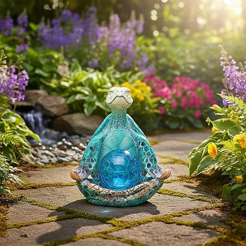 Miniatura 5 de Estatuas solares de decoración de jardín de 6.3 pulgadas, figuras de tortuga marina de resina con bola de vidrio con postura de yoga, decoración de
