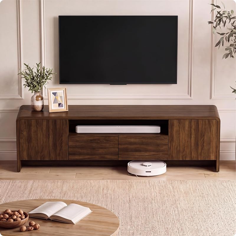 YESHOMY 70" Curved TV Stand for 75 Inch TV, Modern Wood Media Console