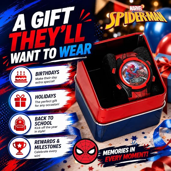 Marvel Spider-Man Kids Watches Digital Display, Interactive Features, Adjustable Strap, Vibrant Spider-Man Graphics, Durable for Active Kids