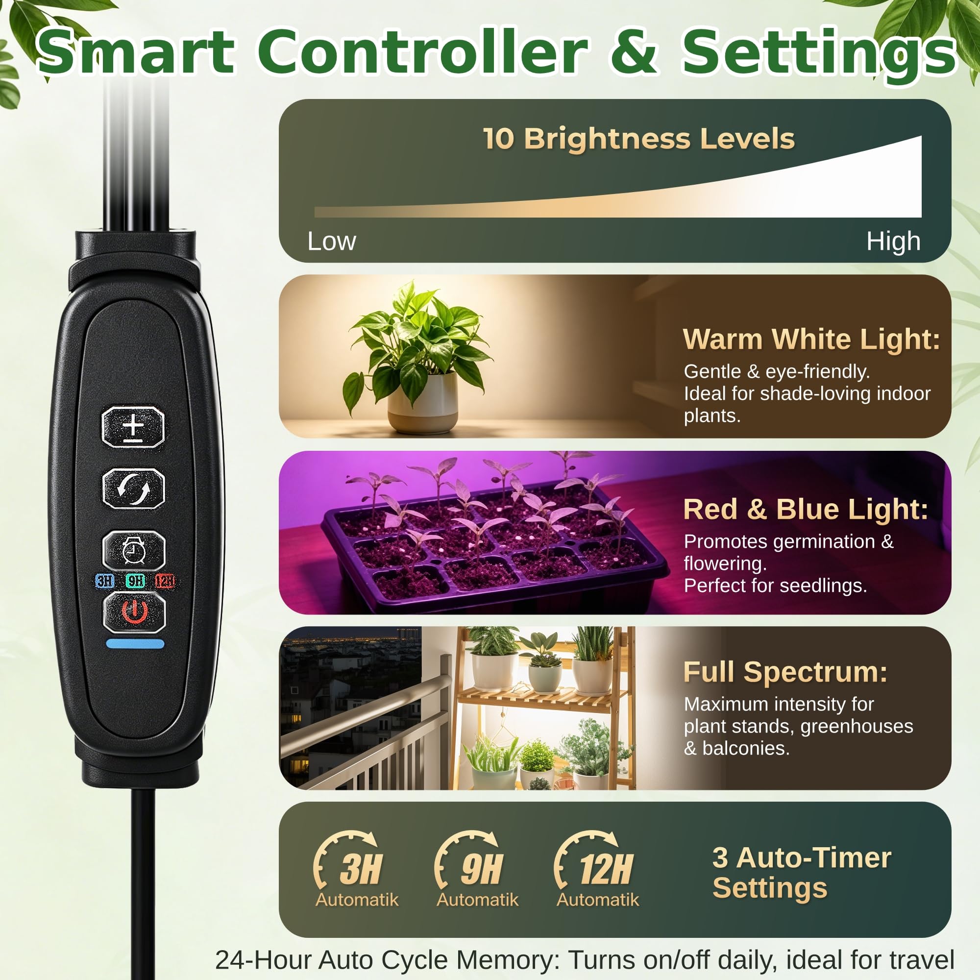 Lámpara LED de Espectro Completo con Soporte, 30 W 360 LED Grow Light, Regulable, Temporizador de Ciclo 3/9/12H, Altura Regulable 80-170 cm