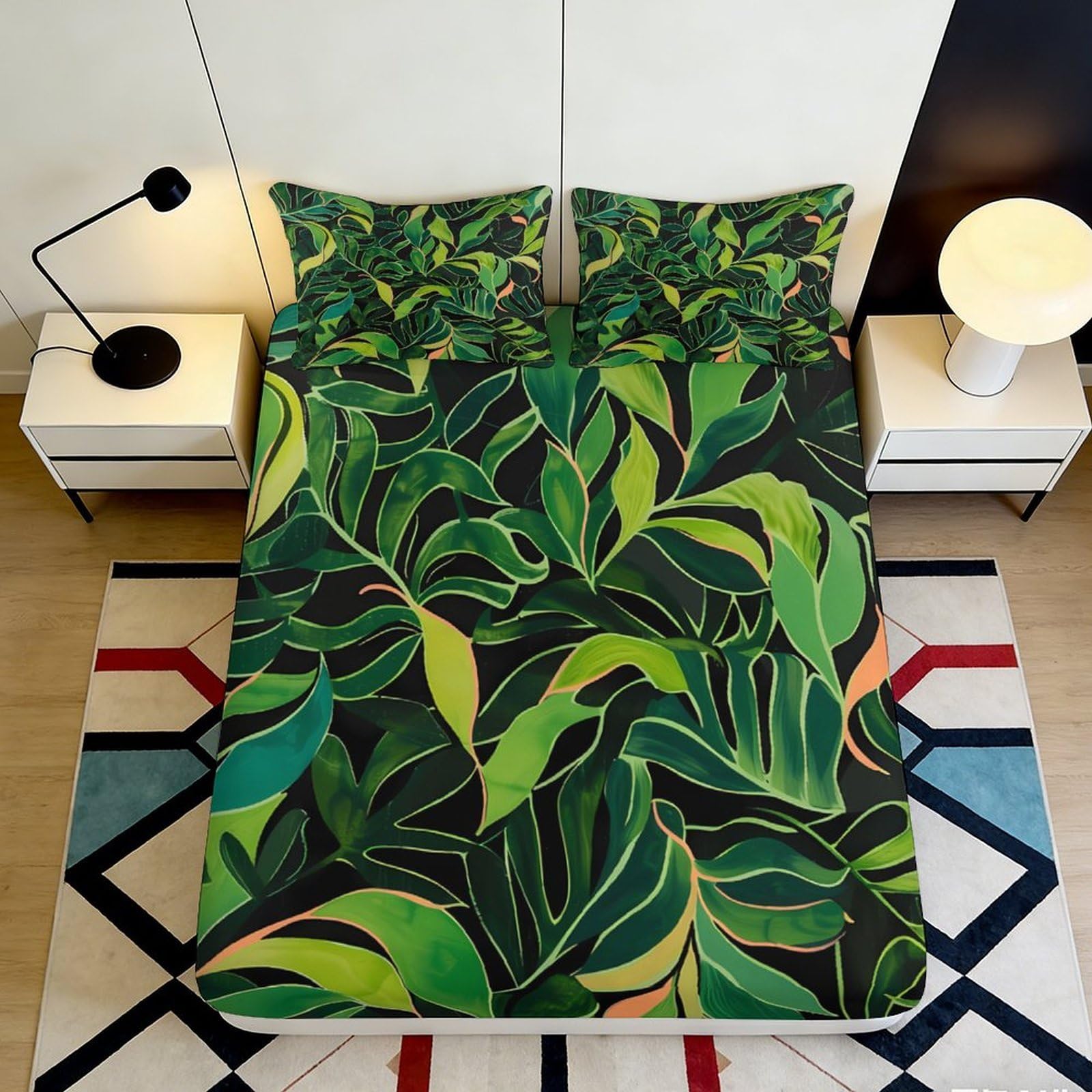 3D Printed Tropical Leaf Fitted Sheet Microfiber Soft Green Botanical Bed Cover Non-Slip for Bedroom Guestroom Decor 90x200x25cm