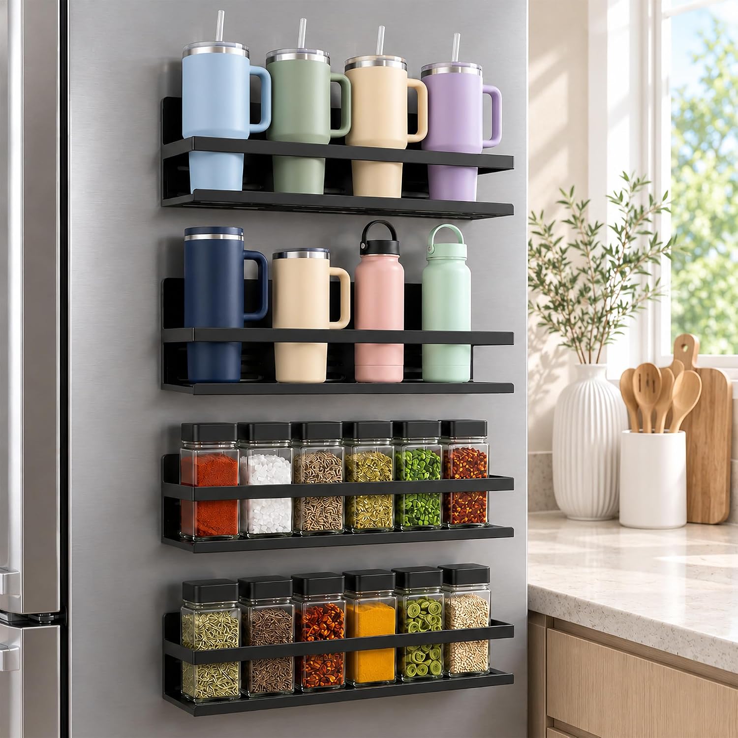 SMRCAD 4 Pack Iron Magnetic Water Bottle Holder for Tumbler 20/30/40 oz | Rust-resistant iron, holds up to 9 lbs per shelf, includes screws for wall mount, dust resistant, fits standard spice jars