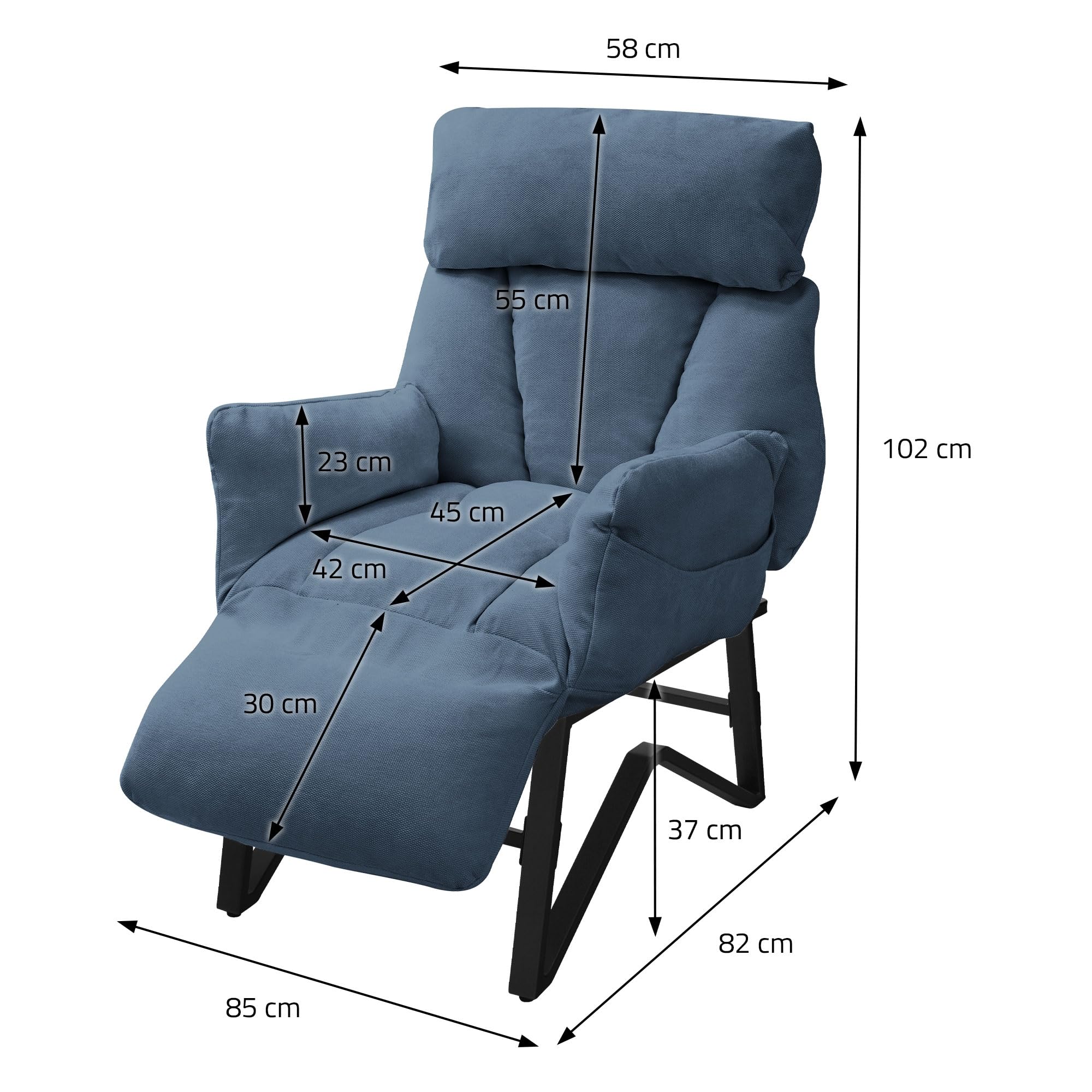 ML-Design Poltrona Reclinabile Blu Rivestimento in Lino, con Schienale Regolabile, Braccioli, Poggiapiedi e Tasche Laterali, Poltroncina Relax da Lettura, Sedia Lounge Imbottita per Soggiorno
