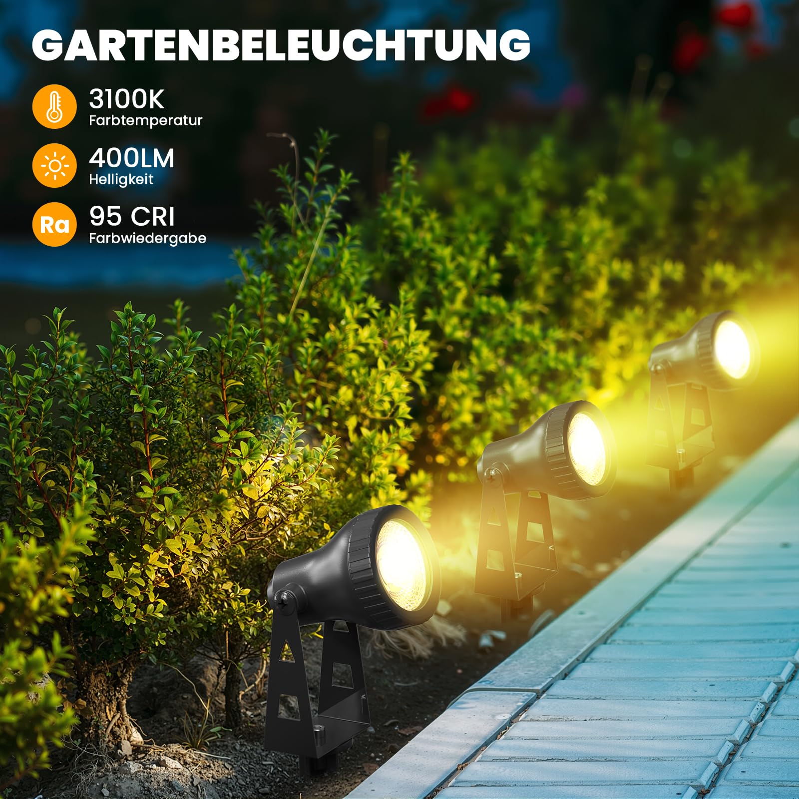 Kawaya Gartenbeleuchtung mit Strom 6Pcs Gartenlampen für Draußen Ip68 Wasserdicht Gartenleuchten 36V/18W Gartenstrahler 20M Led Außen Gartenlampe 3200K Gartenlampen Strahler mit Erdspieß
