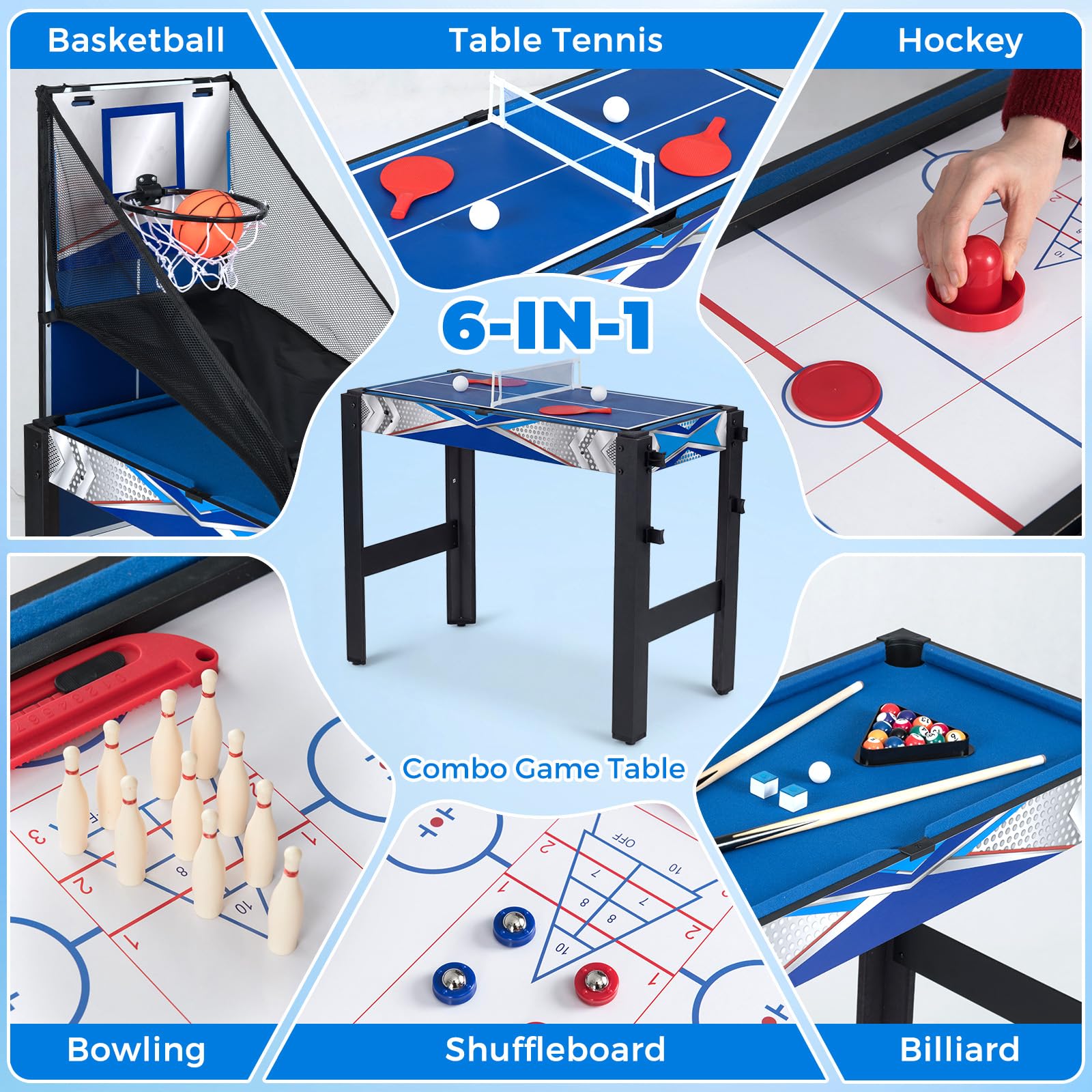 HOMASIS 6 en 1 Table Multi-Jeux avec Basket-Ball, Billard, Ping-Pong, Hockey, Jeu de Palets, Bowling, pour Enfants et Adulte, Table de Jeux pour Maison, Bar, Fêtes, Soirées