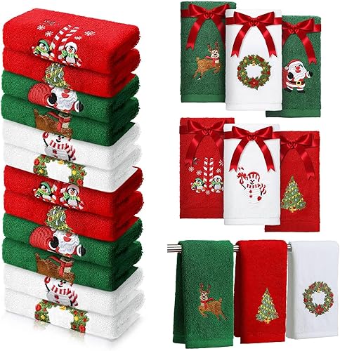 Miniatura 1 de Ganeen 12 toallas de Navidad de 18 x 12 pulgadas, toallas de cocina de mano de Navidad bordadas, absorbentes, de algodón suave, gruesas, toallas