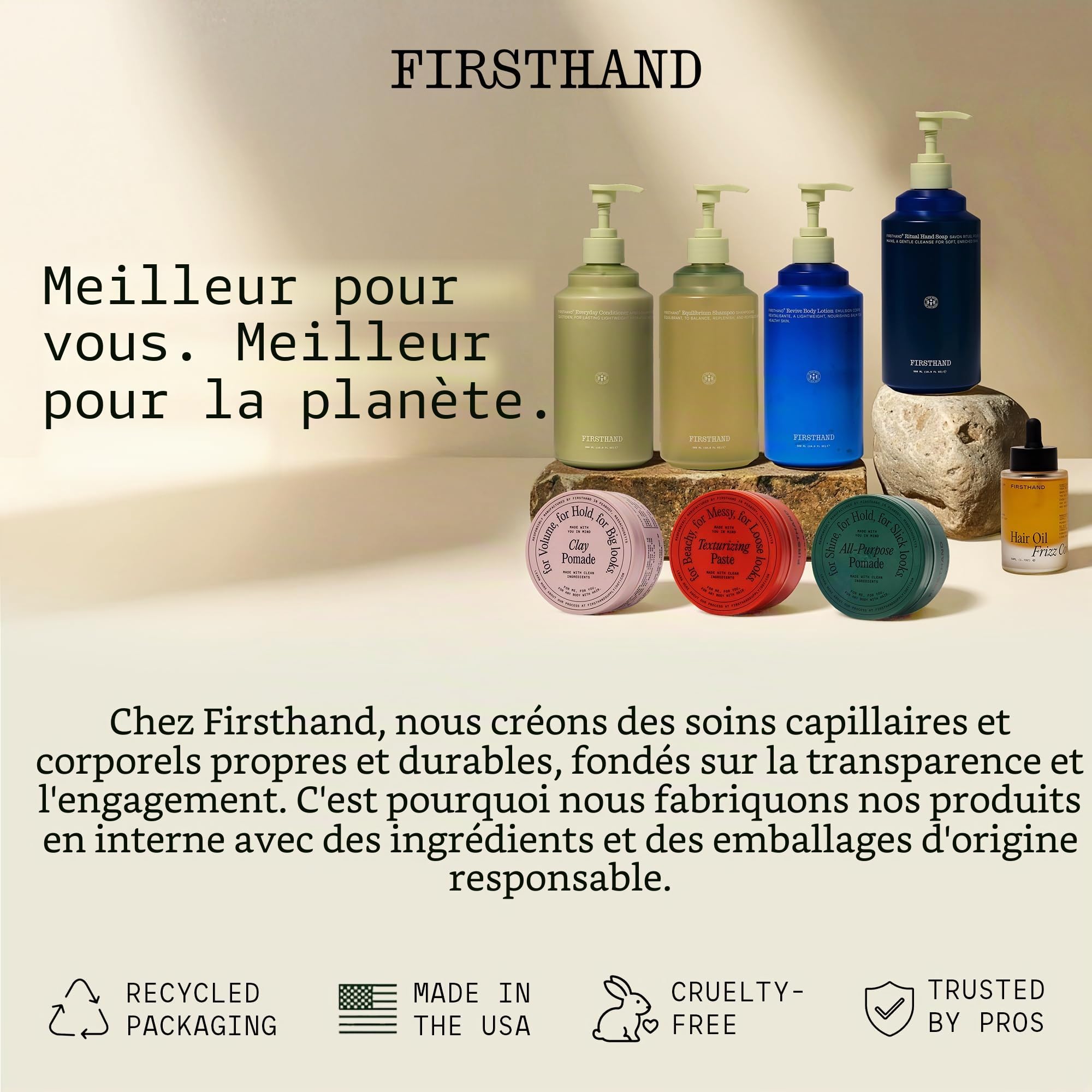 Firsthand Supply Clay Pomade pour hommes et femmes Finition mate Tenue extra forte Non grasse Pommade bio à base d’eau Facile à recoiffer Idéal pour cheveux courts à mi-longs 88 ml