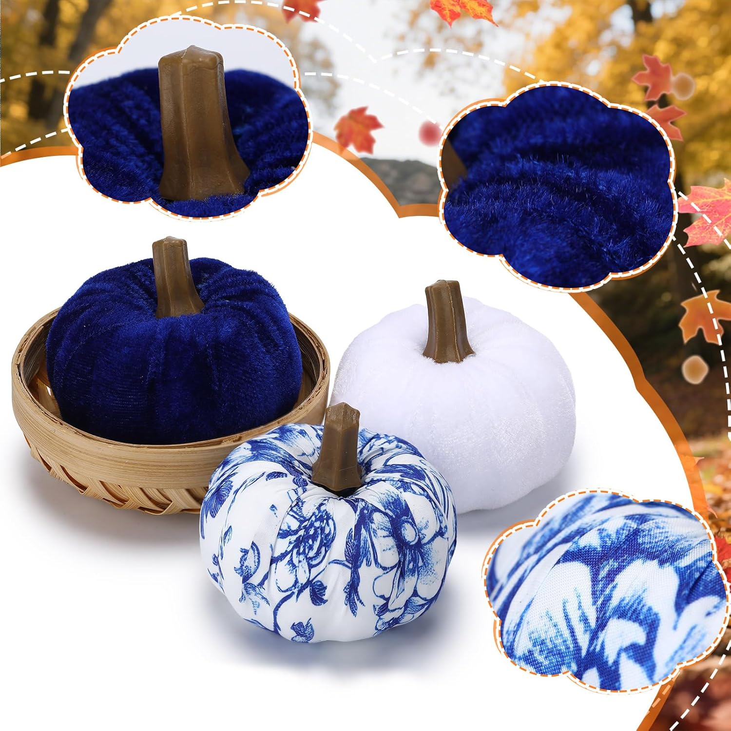 Geelin 12 Pcs Blue and White Pumpkins Thanksgiving Fall Small Fabric Pumpkin Decorative Artificial Chinoiserie Autumn Decor for Gifts Fall Thanksgiving Table Centerpiece Mantel Farmhouse Decor