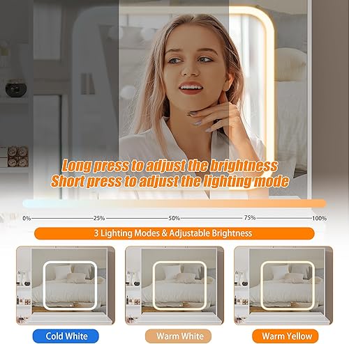 Miniatura 5 de Escritorio de tocador con espejo y luces LED, escritorio de tocador de maquillaje con espejo deslizante, toma de corriente, luz ajustable de 3
