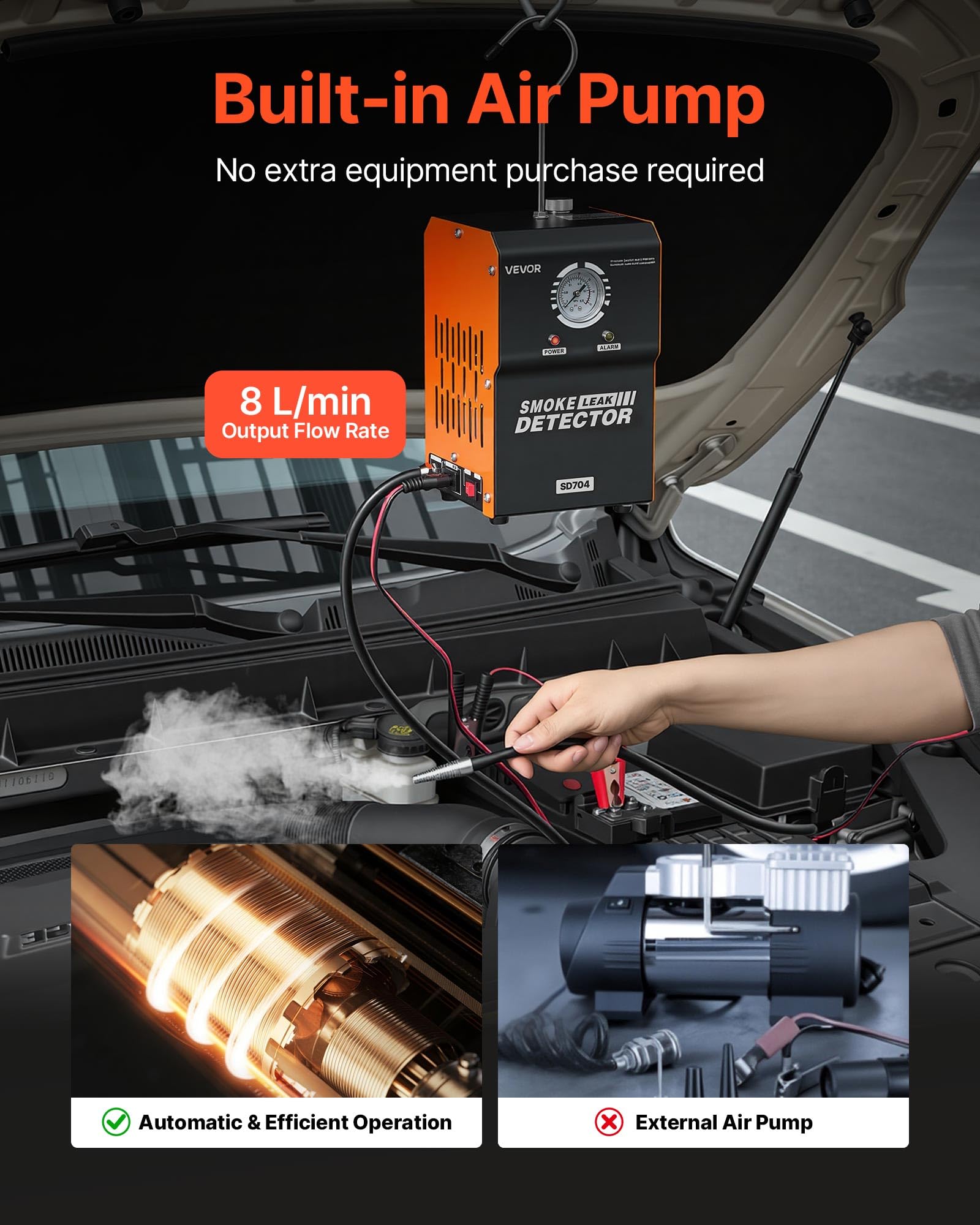 VEVOR Detector de Fugas de Humo Automotriz 12 V CC, Máquina de Fugas de Humo Probador de Vacío EVAP, con Bomba de Aire y Manómetro Incorporados, Detector de Combustible de Tubería 2 Modos para Coches