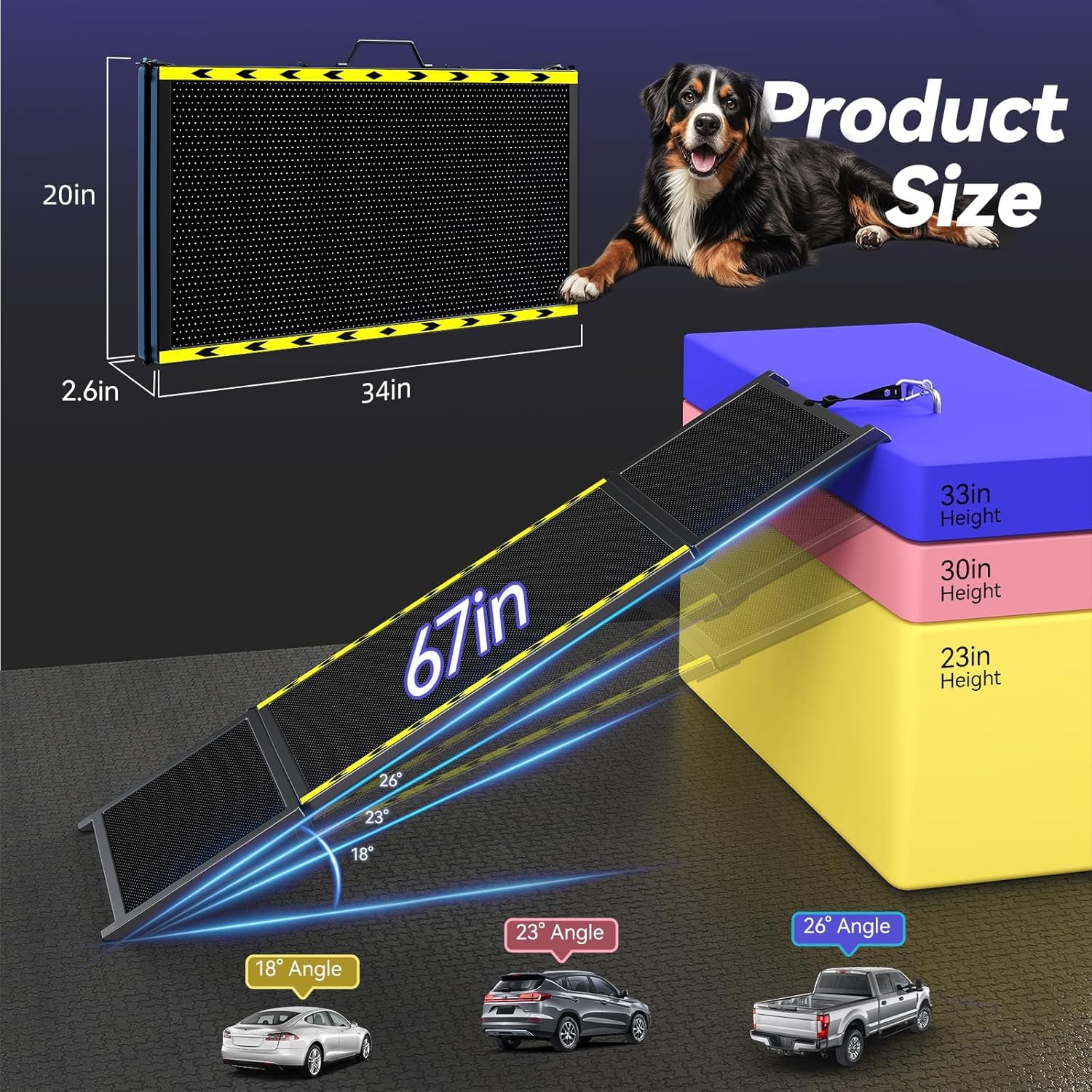 Rampe pour chien de 170,7 cm de long et 50,8 cm de large pour voiture – Rampe portable extra large pour chiens de taille moyenne et grande avec surface de tapis antidérapante, escalier pour voiture