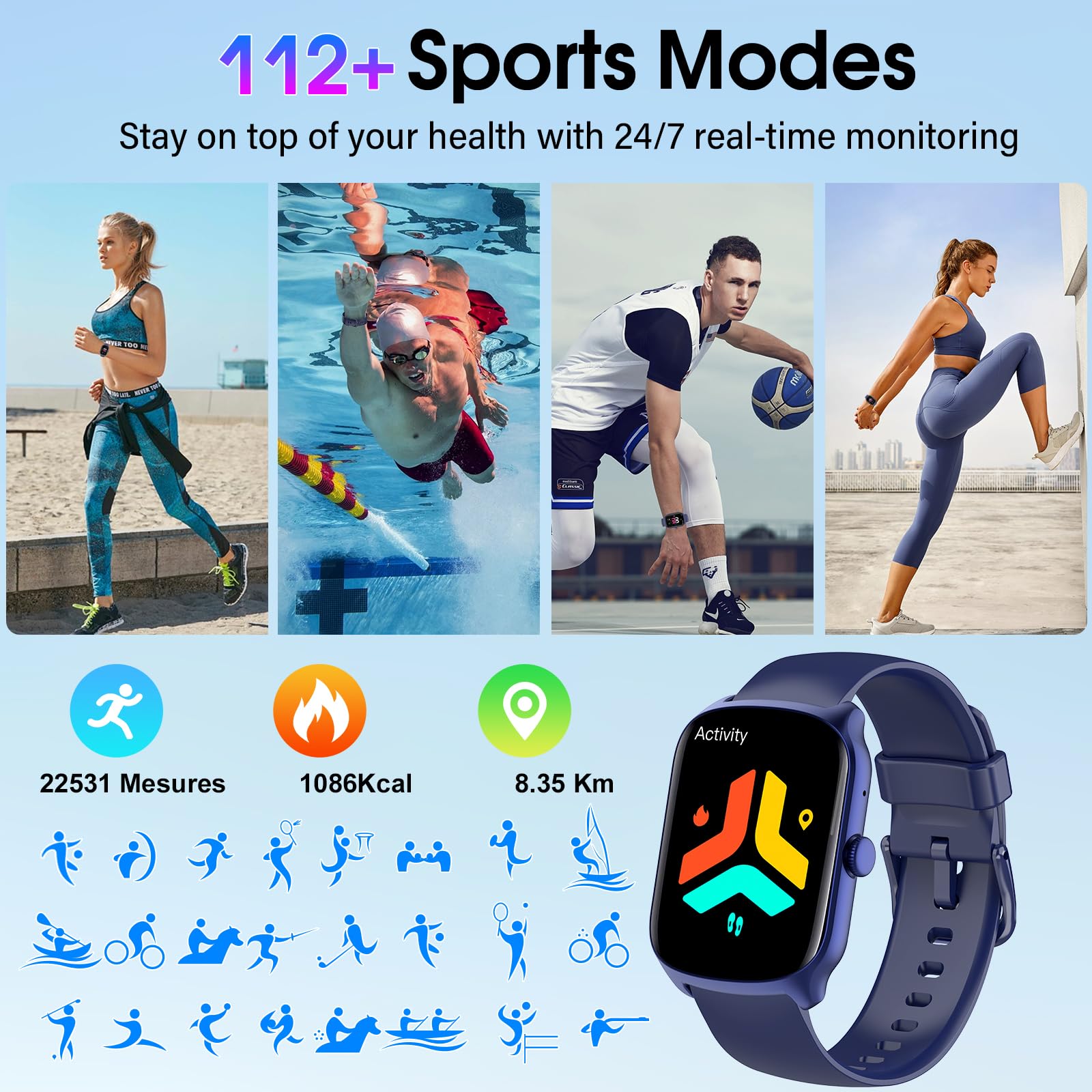Smartwatch Uomo Donna, 1.95" schermo curvo Orologio Smartwatch Chiamate Bluetooth, 110 Modalità Sportive Fitness Tracker, Contapassi Sonno Cardiofrequenzimetro, IP68 Smart watch per iOS Android, Blu