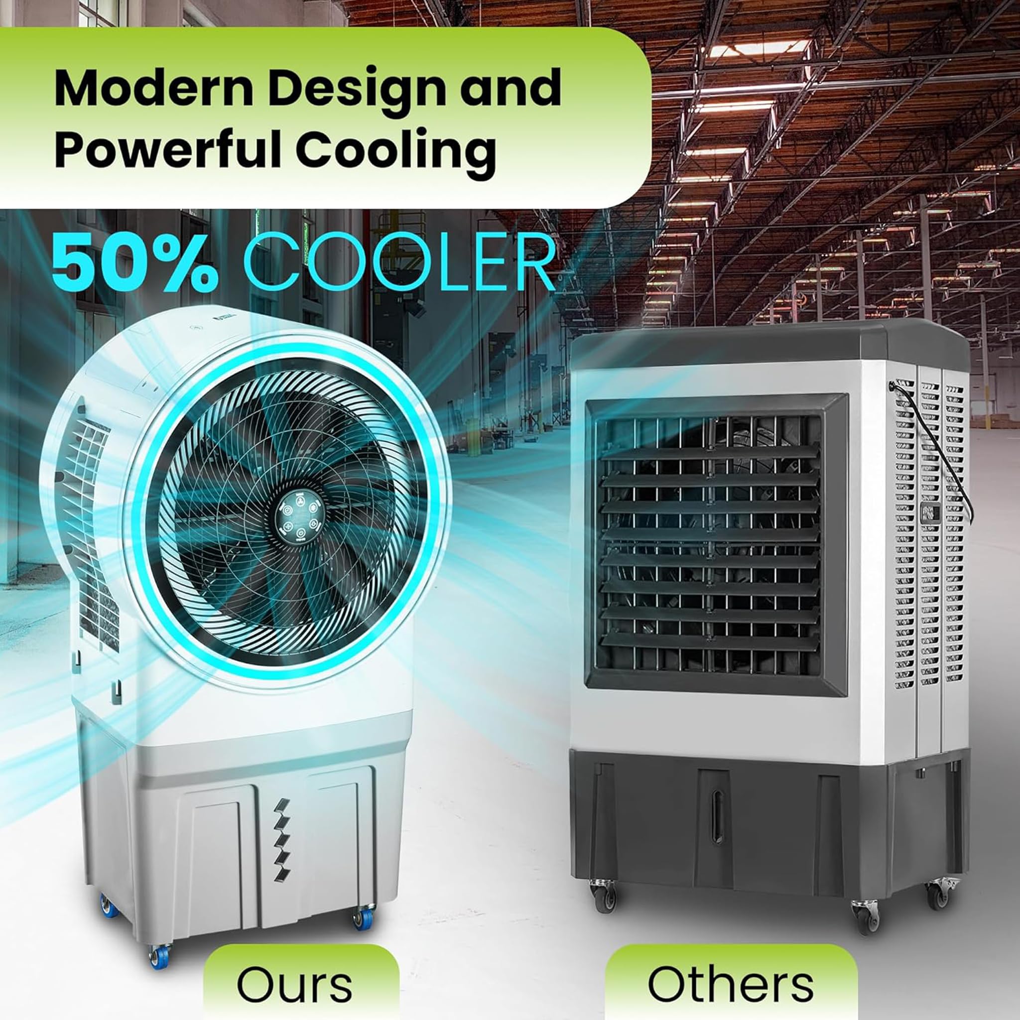 Ventilatore Raffrescatore d’Aria Evaporativo 150W – Tanica 50L con Collegamento Diretto Acqua, LED RGB, Timer e Telecomando, Ideale per Capannoni, Ristoranti, Eventi
