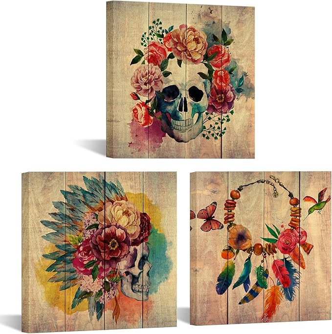 Visual Art Decor Skull Canvas Wall Art Sugar Skull Painting Wall Decor Framed Artwork Halloween Decor, 12x12inchx3Pieces