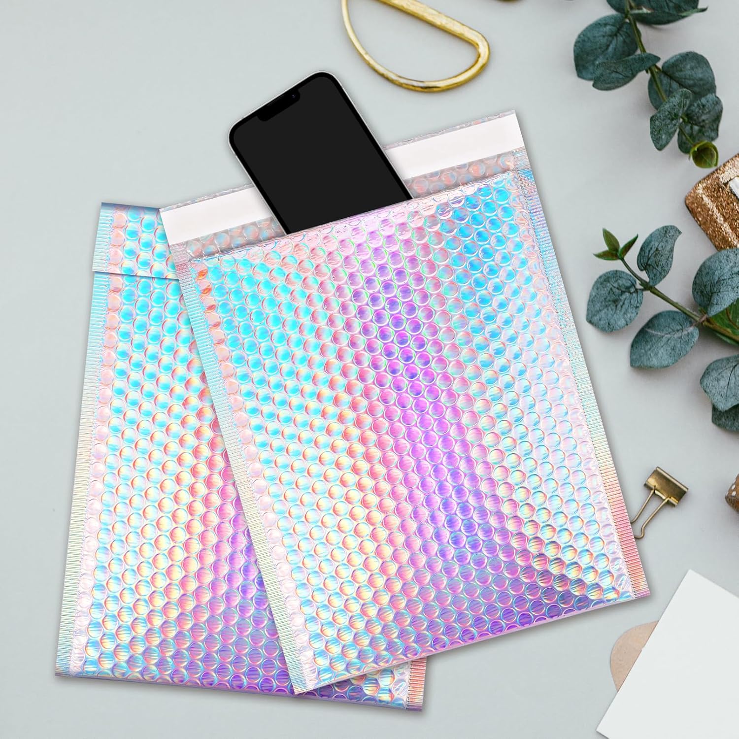25 Pack Holographic Bubble Mailers 8 x 11 Inch, Self Seal Protective Padded Envelopes, Waterproof & Durable Shipping Bags, Cushioned for Safe Mailing, Silver Foil Peel & Seal