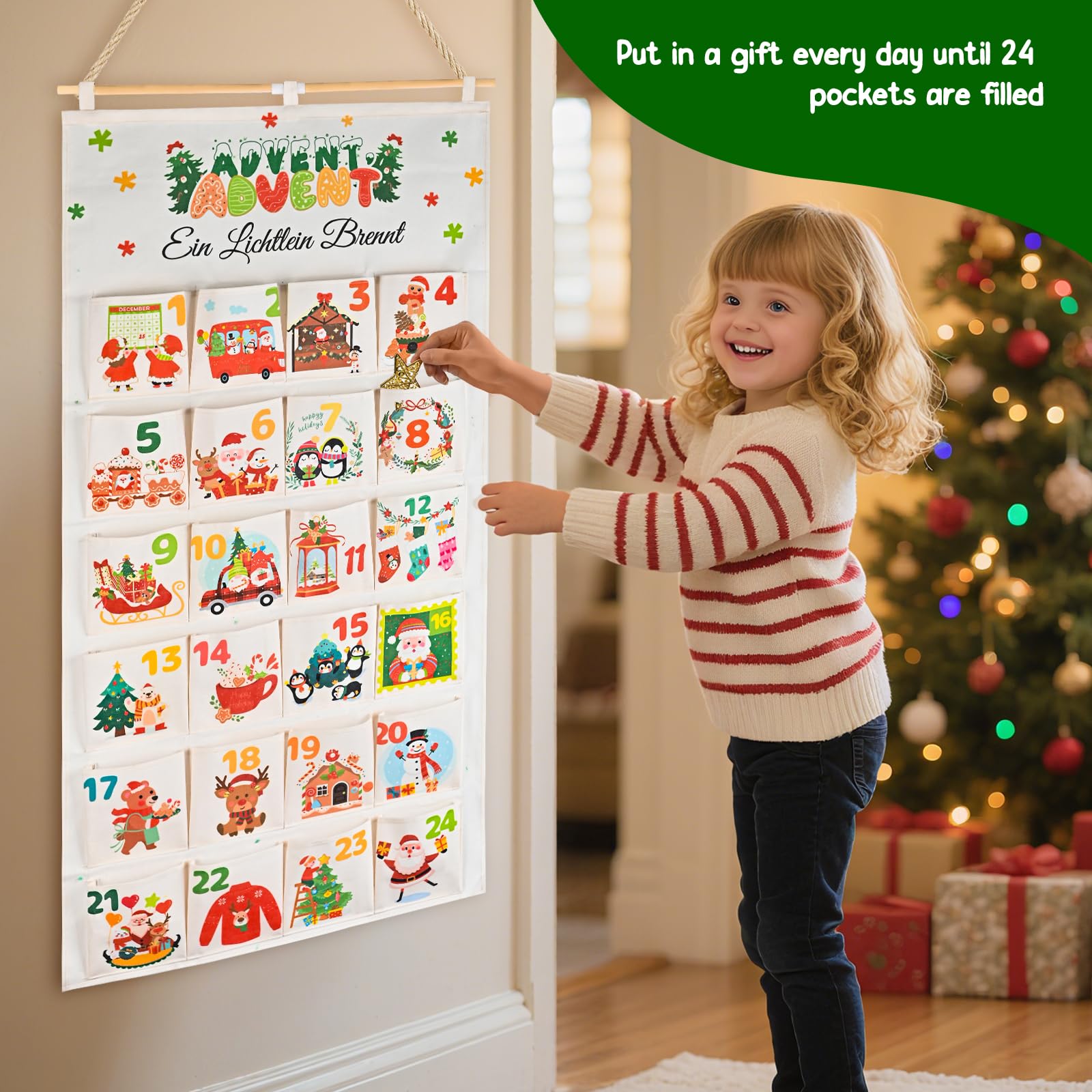 Adventskalender zum Befüllen Stoff mit 3M Lichtkette,120 * 60cm Adventskalender 2025 Selber Befüllen mit 24 Taschen,Wiederverwendbare Geschenke Weihnachten,Deko Wohnzimmer