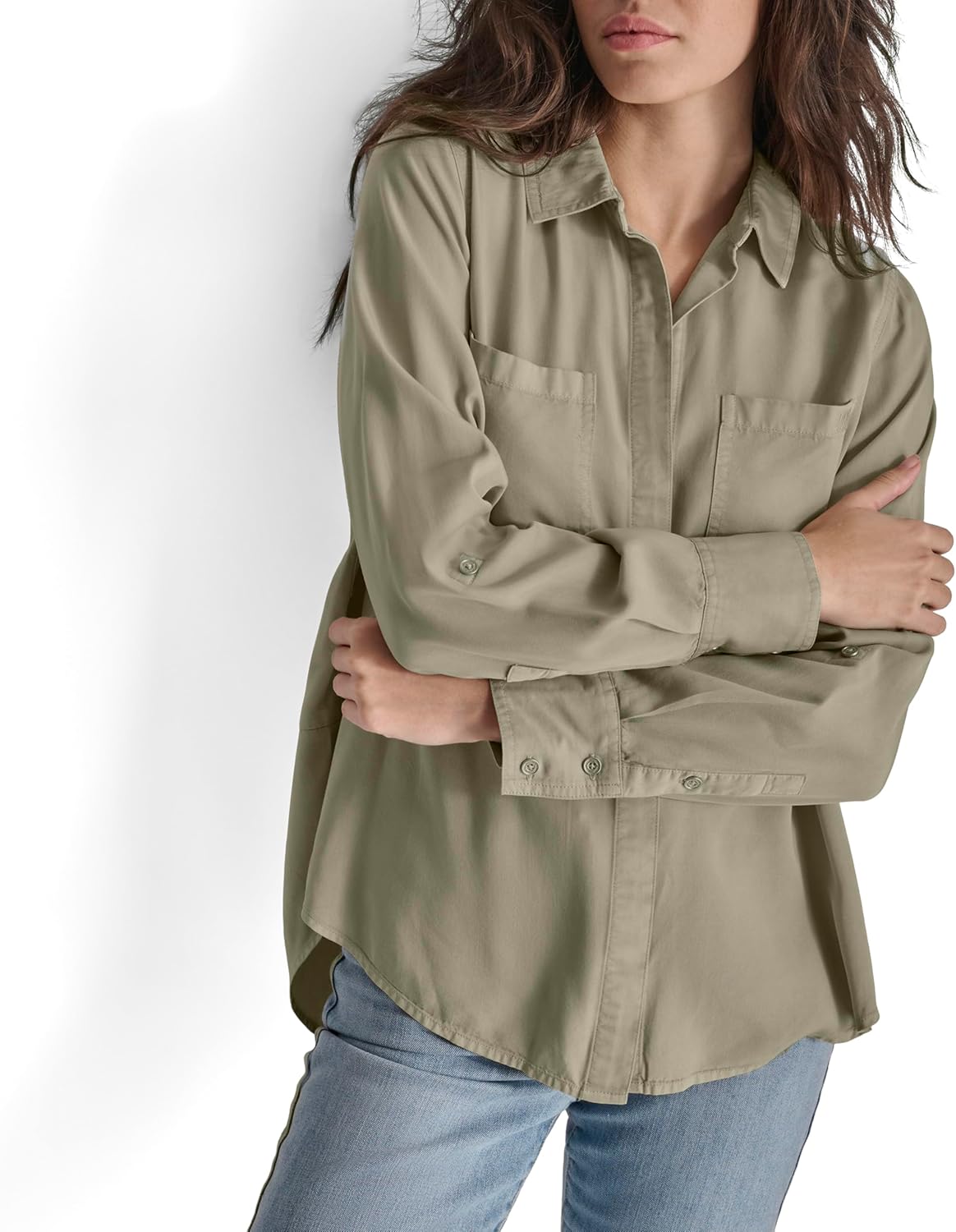 DKNY Women's Splitback Long Sleeve Button Down with Cuffed Sleeve