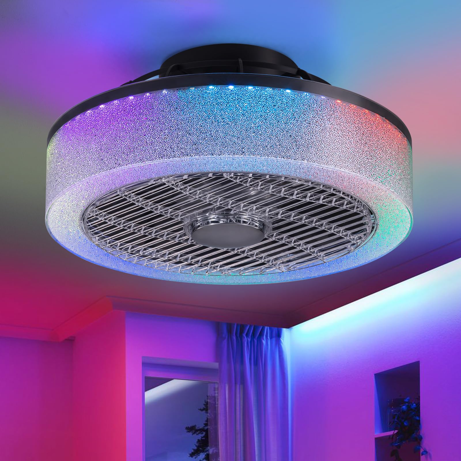 Siljoy RGB Low Profile Ceiling Fans, 15.7" Modern Bladeless Ceiling Fans with Stunning Crystal Sand Filling, Flush Mount Ceiling Fans RGB Ambient Light for Bedroom Kids Room Party