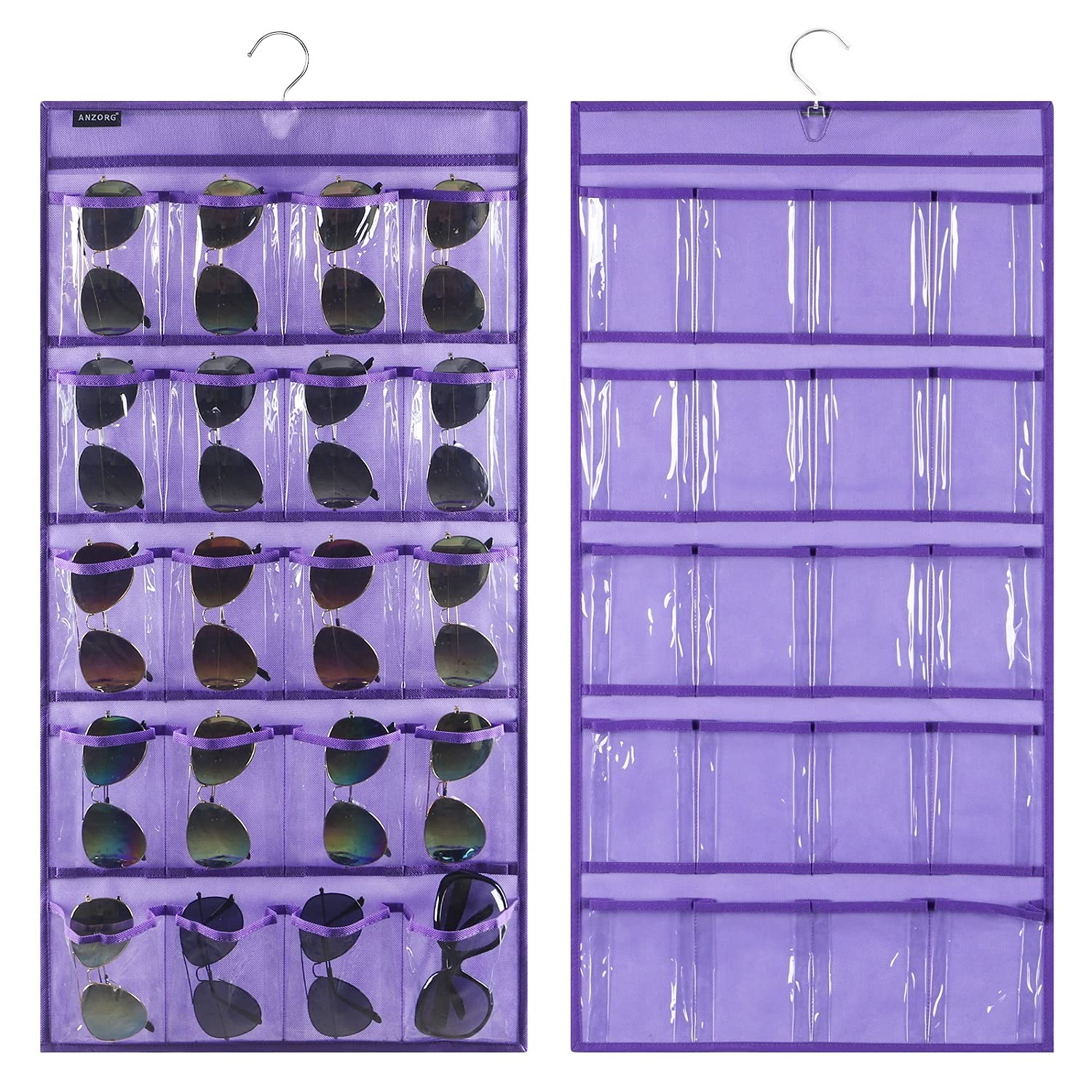 ANZORG Dual Sided Hanging Sunglasses Organizer Storage Wall Mounted Eyeglasses Holder Eyewear Display Case with 40 Clear Slots (40 Pockets-Purple)