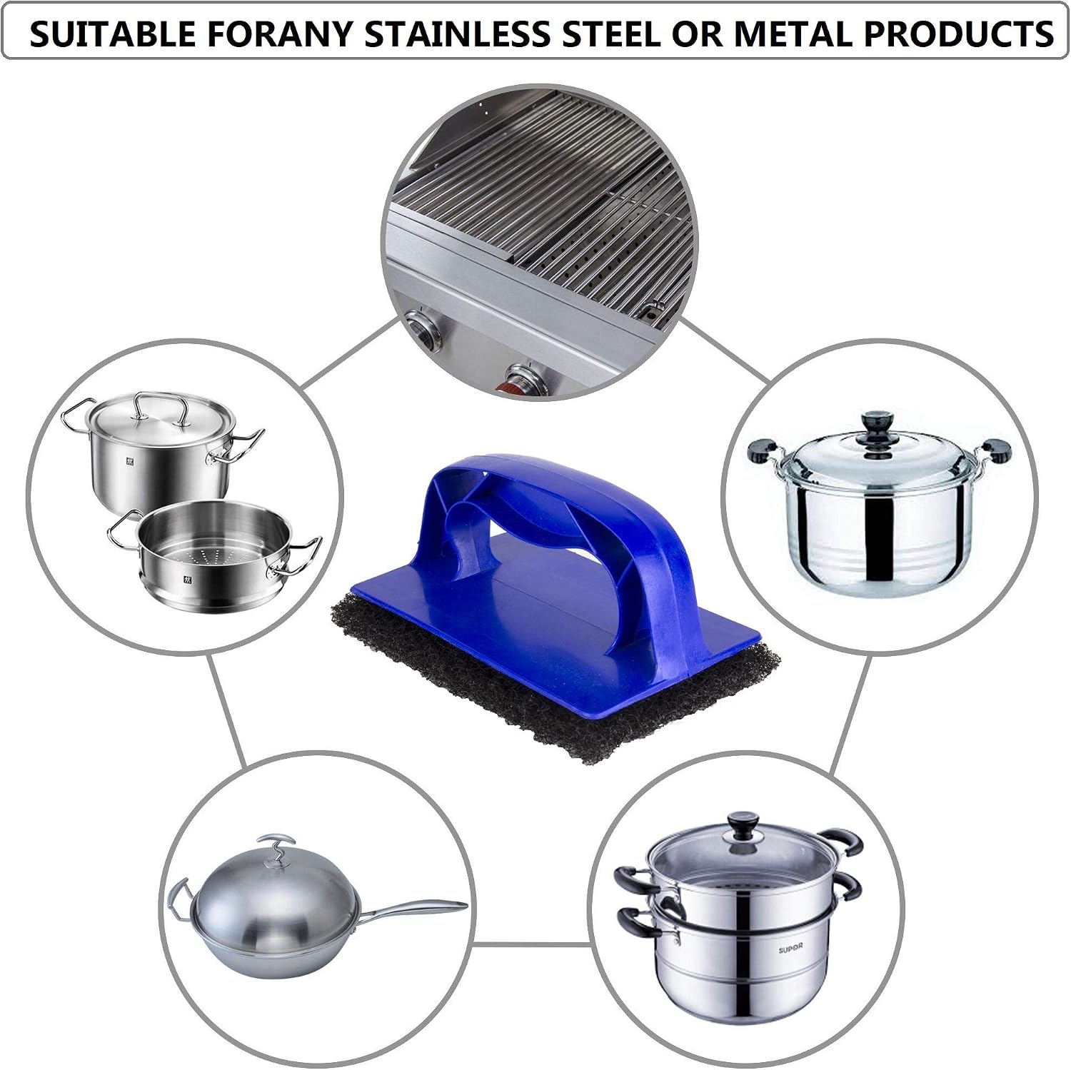 [10 Pads, 1 Holder Pack] Grill Cleaner Pads and Holder - Griddle Metal Scouring Scrubber, Heavy Duty Degreaser of Stainless Steel Flat Tops, BBQ Stain, Scraper for Outdoor, Restaurant and Home Kitchen