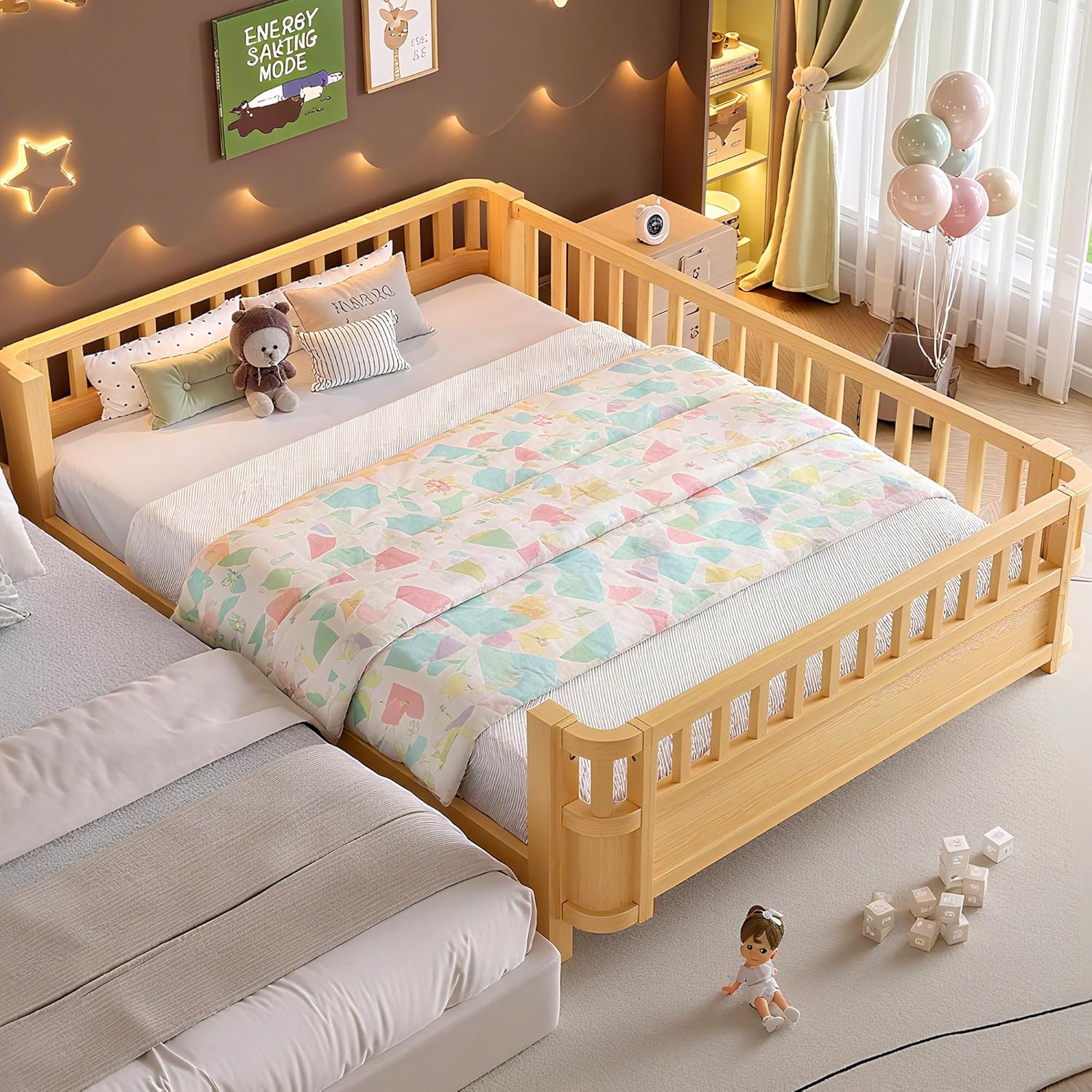 Bellemave Full Size Floor Bed Frame with 18.5" High Guardrails & Detachable Side Fence, Low to Ground Wood Full Platform Bed for Kids Girls Boys with 7 Sturdy Slats & Center Bar Load 550LBS, Natural