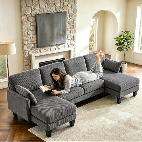 VINGLI 108" W U-Shaped Modern Couches for Living Room with 22.8" Upgraded High Armrests, Comfy Corduroy Sectional Couch with Double Chaise, Apartment Size Modular Sectional Sofa, Dark Grey