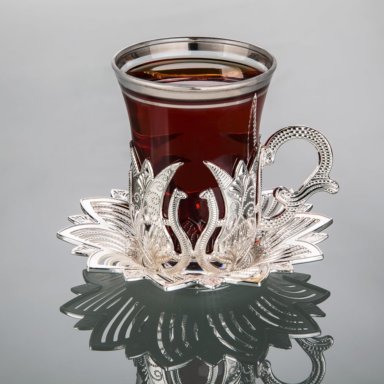 Vintage Handmade Turkish Tea Glasses with Saucer and Holders, Ottoman and Arabic Cups Set of 6 and Tray for Serving, Guests, Teatime, Dinner, Housewarming Gifts, Tableware - Silver