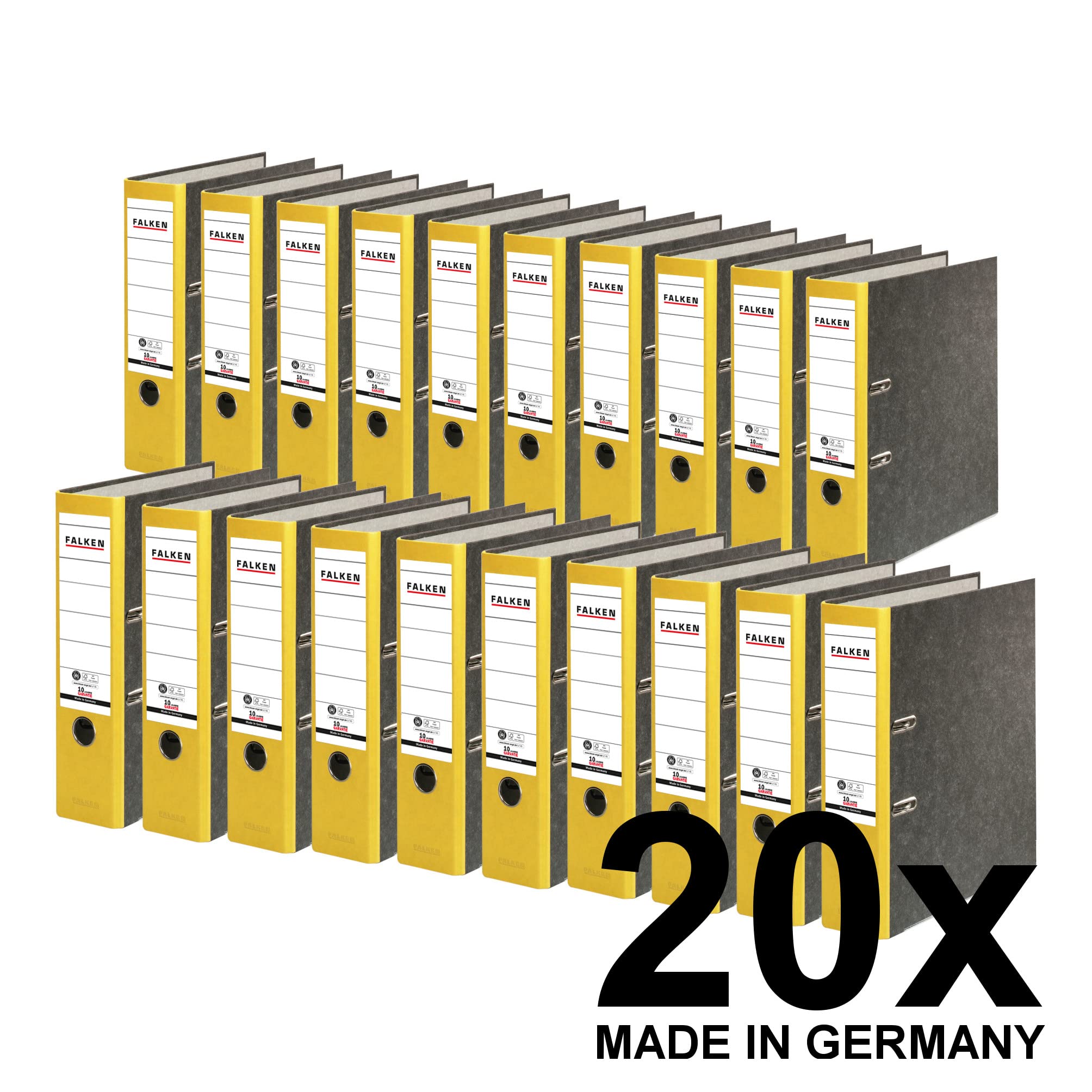 20x Falken Recycling segregator marmurkowy A4 szeroki 8 cm żółty grzbiet. Wyprodukowano w Niemczech. Segregator biurowy Segregator dźwigniowy Segregator z mechanizmem Certyfikat Błękitny Anioł