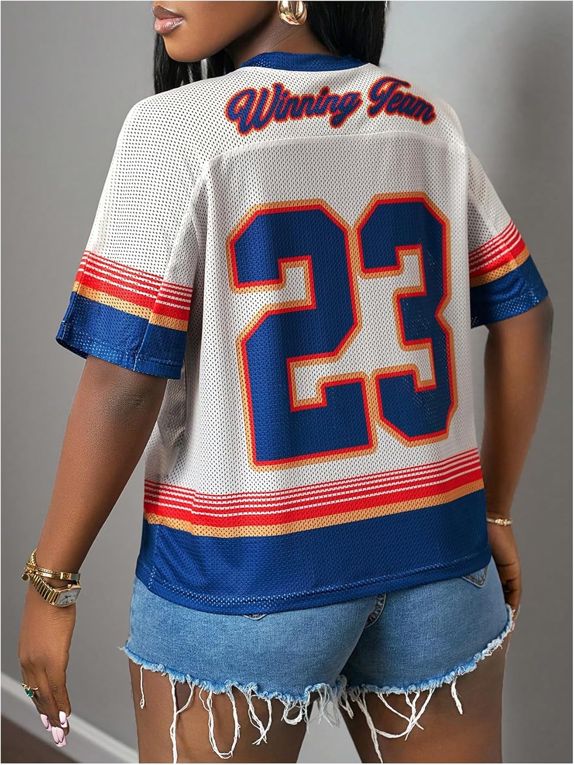 Women's Number Print Mesh Jersey Shirts V Neck Short Sleeve Sports Graphic Tees Tops - Image 2