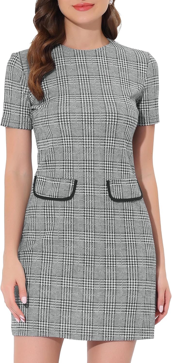 Allegra K Work Dress for Women Short Sleeve Vintage Houndstooth Above The Knee Dresses
