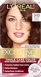L'Oreal Paris Excellence Crème Permanent Hair Dye, Triple Care Hair Color with Pro-Keratine Complex for 100% Gray Hair Coverage, 5RB Medium Reddish Brown, 1 Kit