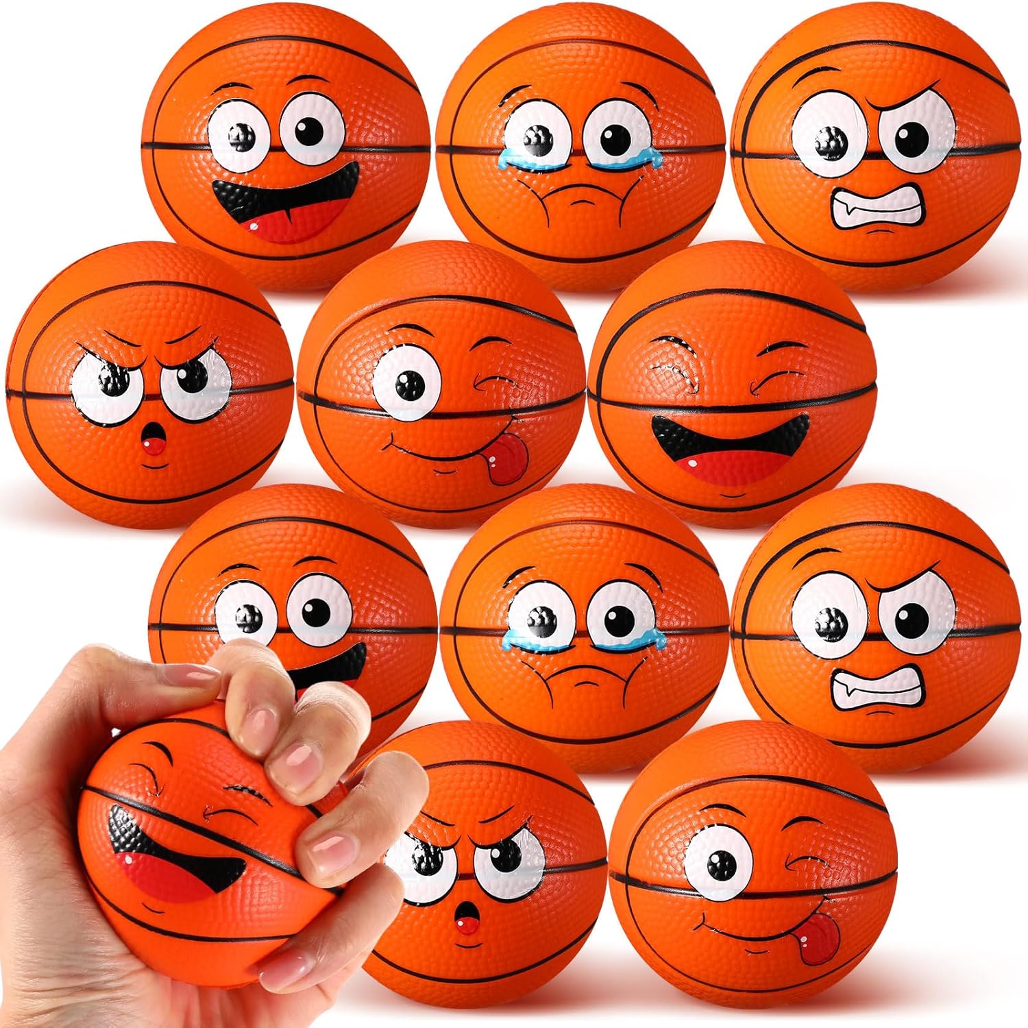 Arrowbash 24 Pcs 2.5'' Face Basketball Stress Balls Bulk Small Funny Face Basketball Squeeze Foam Ball Mini Stress and Anxiety Relief Toy for Sport Party Favors Valentine Birthday Gift Decoration