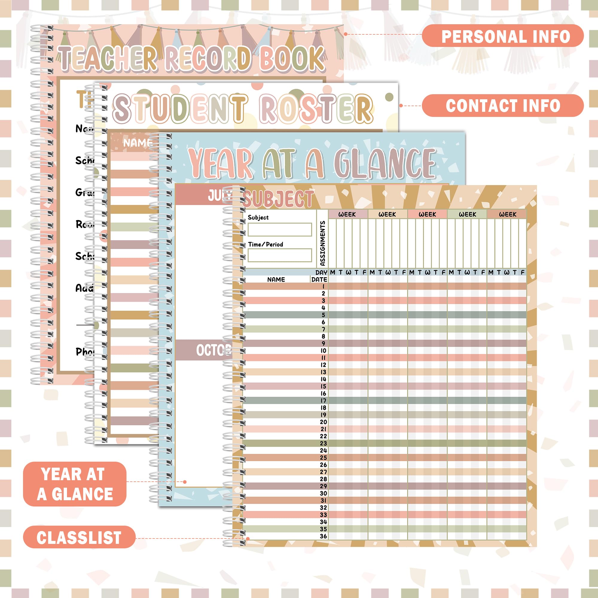 Lonfliness Boho Teacher Record Book Class Gradebook Terrazzo Office Supplies Favors Gift For Teacher Student Name Classroom Decoration Double-Sided
