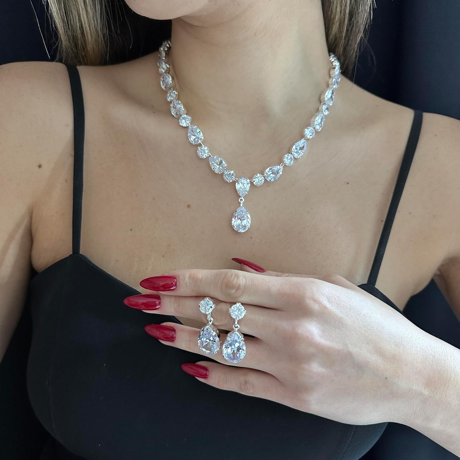 Bride Jewelry Set Silver Crystal Wedding Necklace Earrings Set - Bridal Rhinestone Brass Pendant Accessories for Women and Bridesmaids - Image 9