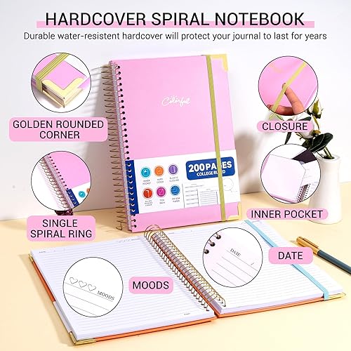 Miniatura 5 de Yoment Cuaderno de espiral de tapa dura de 7 x 10 pulgadas con contenido, contactos, cuadernos de rayas universitarias para trabajo escolar,