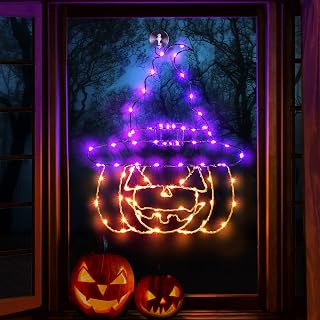 Halloween Window Lights Decoration, 12 Inch Witch Pumpkin Light Decor, 8 Light Modes Halloween Window Silhouette Light with Suction Cup, USB Operated Halloween Lights for Window Yard Party