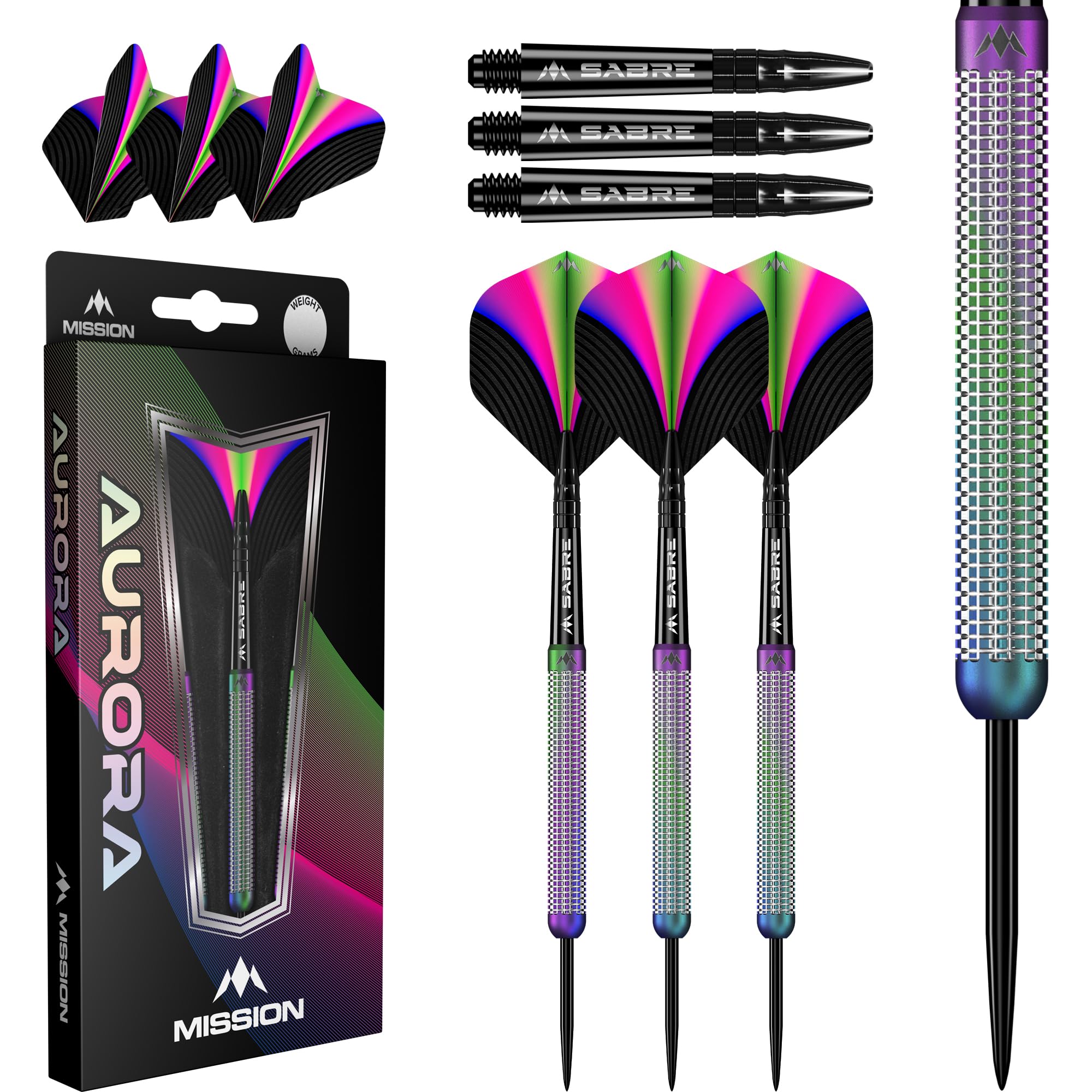 Mission Darts | Aurora Darts | Steel Tip | 90% Tungsten Barrel | Coral PVD | Includes Dart Flights and Stems | Available in Multiple Weights. (24, Grams)