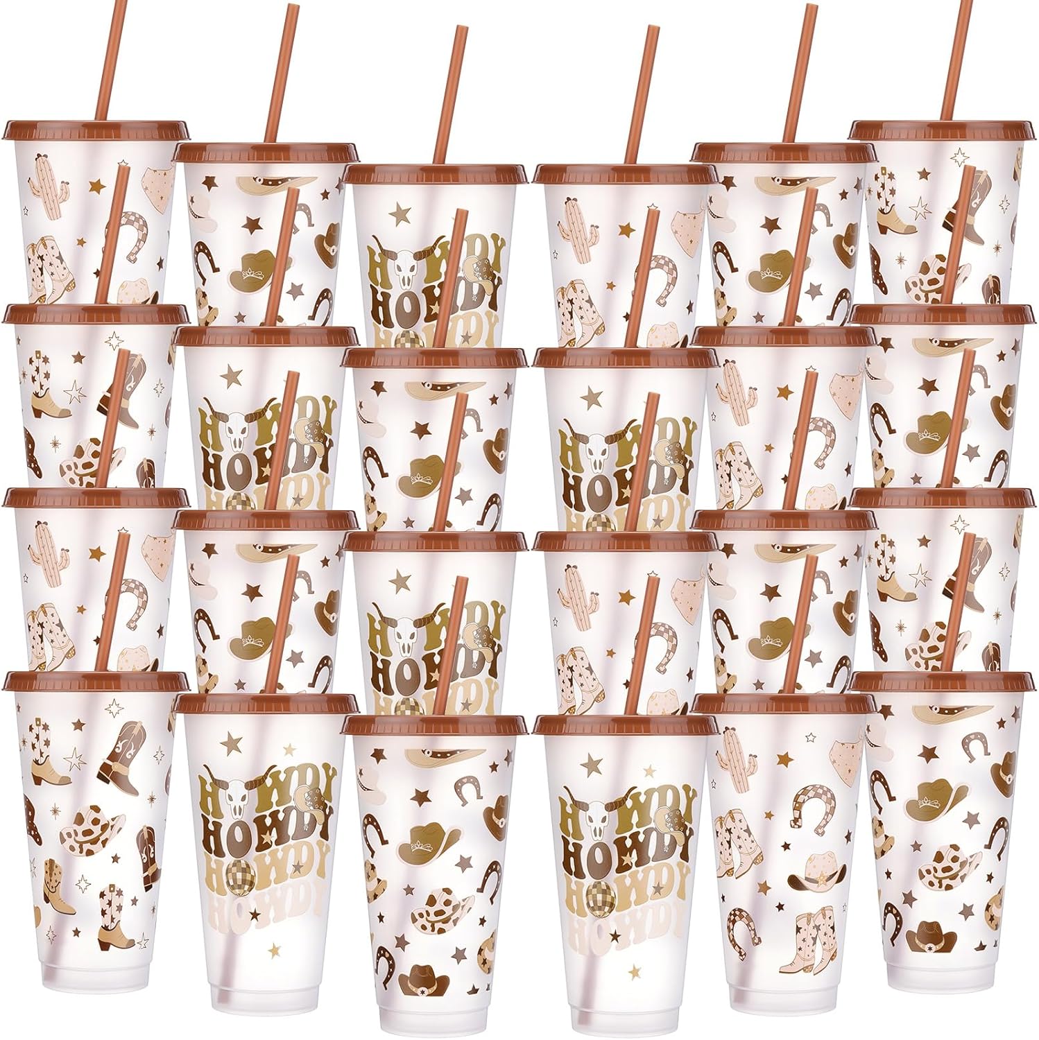 24 Pcs Western Cowboy Cups Bulk with Lid and Straw, 24 oz Reusable Glitter Howdy Brown Plastic Tumbler Cowboys Party Favors for Western Bachelor Wedding Birthday Party Supplies, 6 Styles