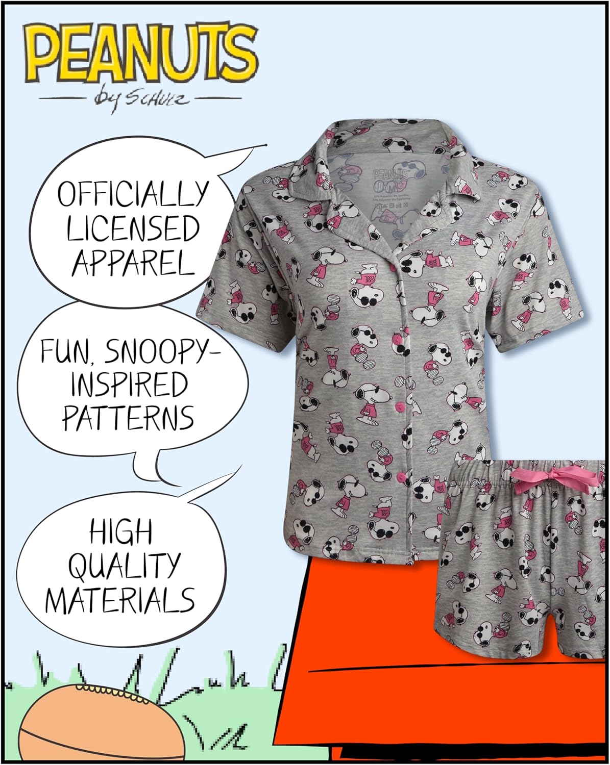 COCO BRANDS Peanuts Snoopy Womens Pajama Sets - 2 Piece Womens Short Sleeve Button Down Shirts and Pajama Shorts (XS-XL) - Image 2
