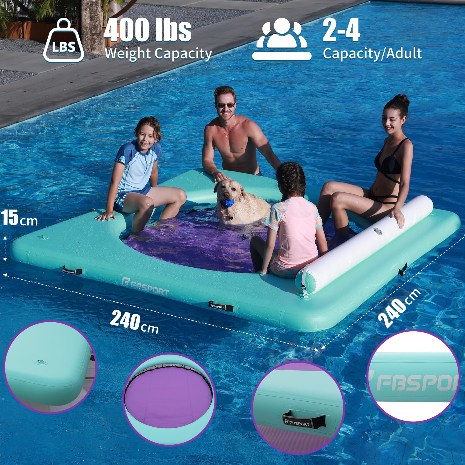 FBSPORT Aufblasbare Wasserhängematte – runder Schwimmring für Fluss und See, aufblasbare Schwimmplattform mit Leiter und Getränkehalter, schwimmende Plattform für Poolpartys