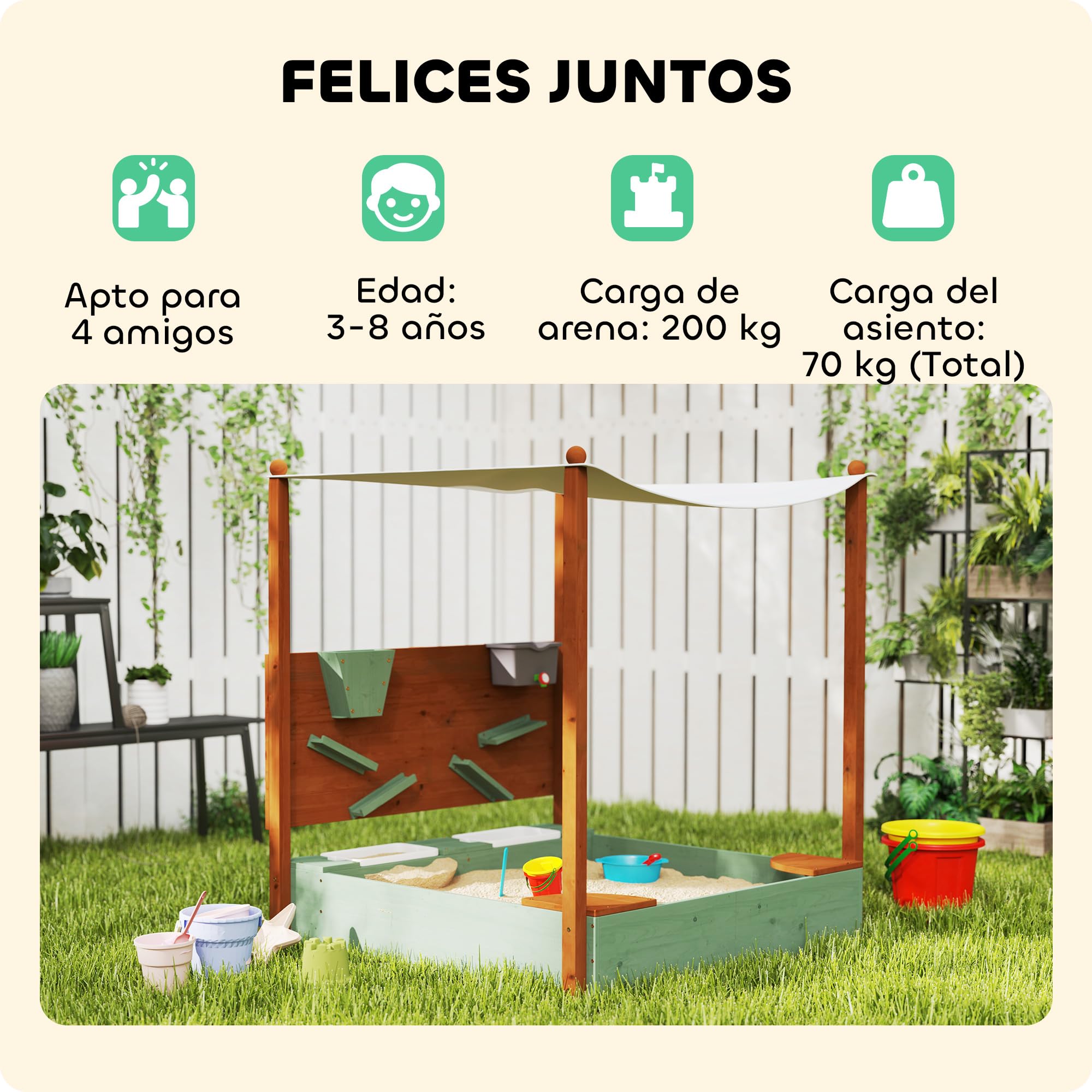 AIYAPLAY Arenero para Niños de Madera con Techo, Arenero Infantil con 2 Asientos, 2 Cajas, Grifo, Embudo, Caja de Arena para Niños de 3-6 Años, para Patio, Jardín, Balcón, 116x112,5x128 cm, Verde